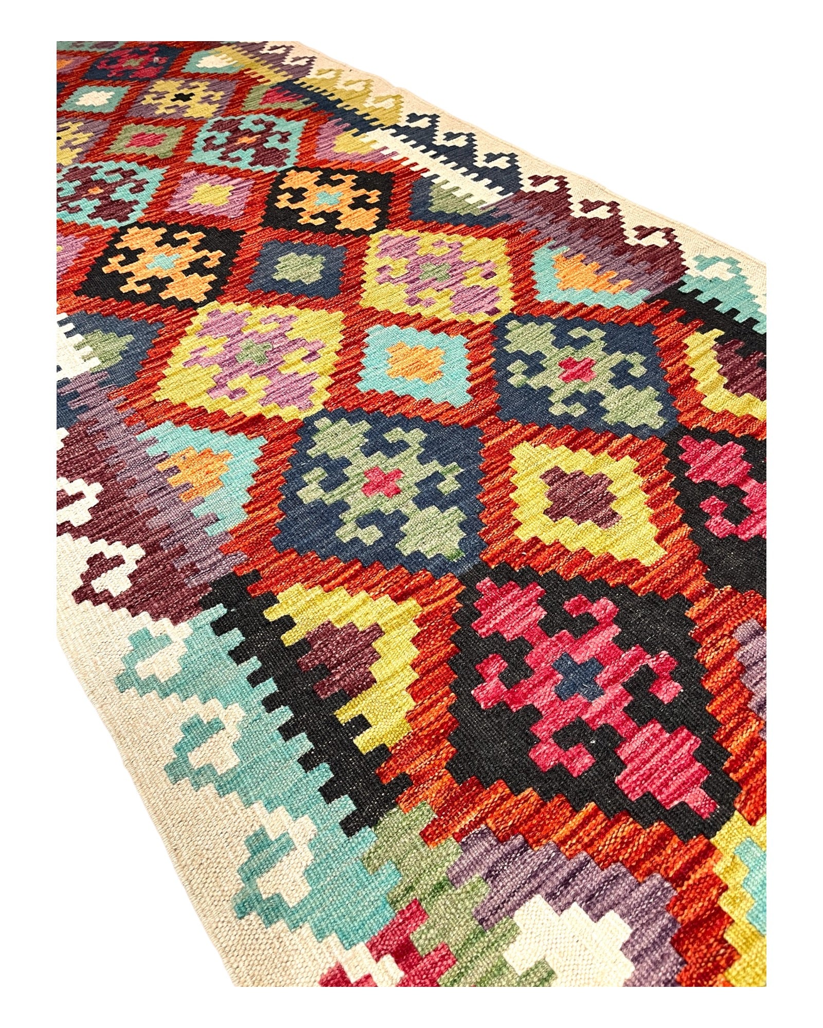 390cm x 80cm Colourful Diamond Kilim Runner
