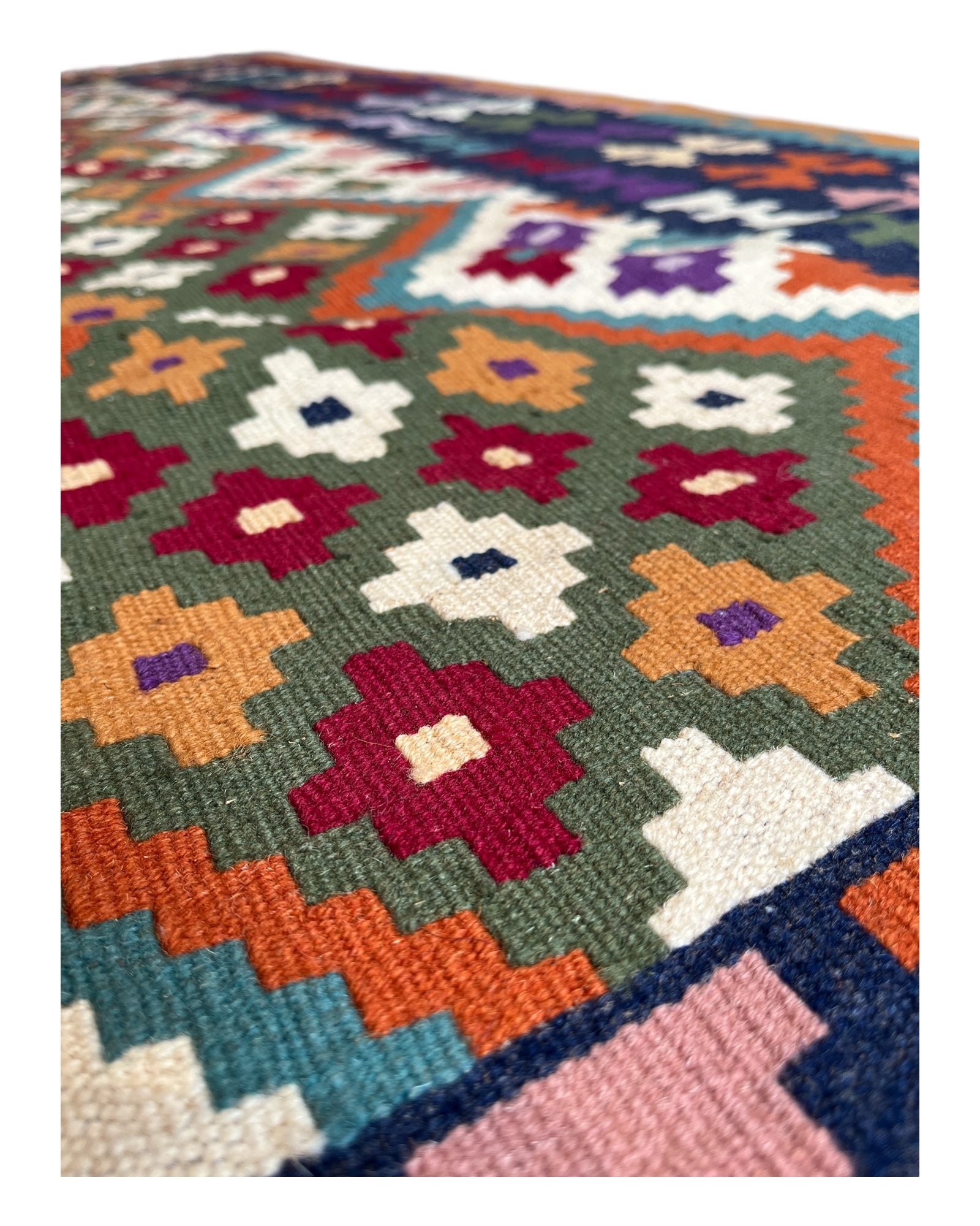 198cm x 150cm Blue & Green Diamond Maymana Kilim
