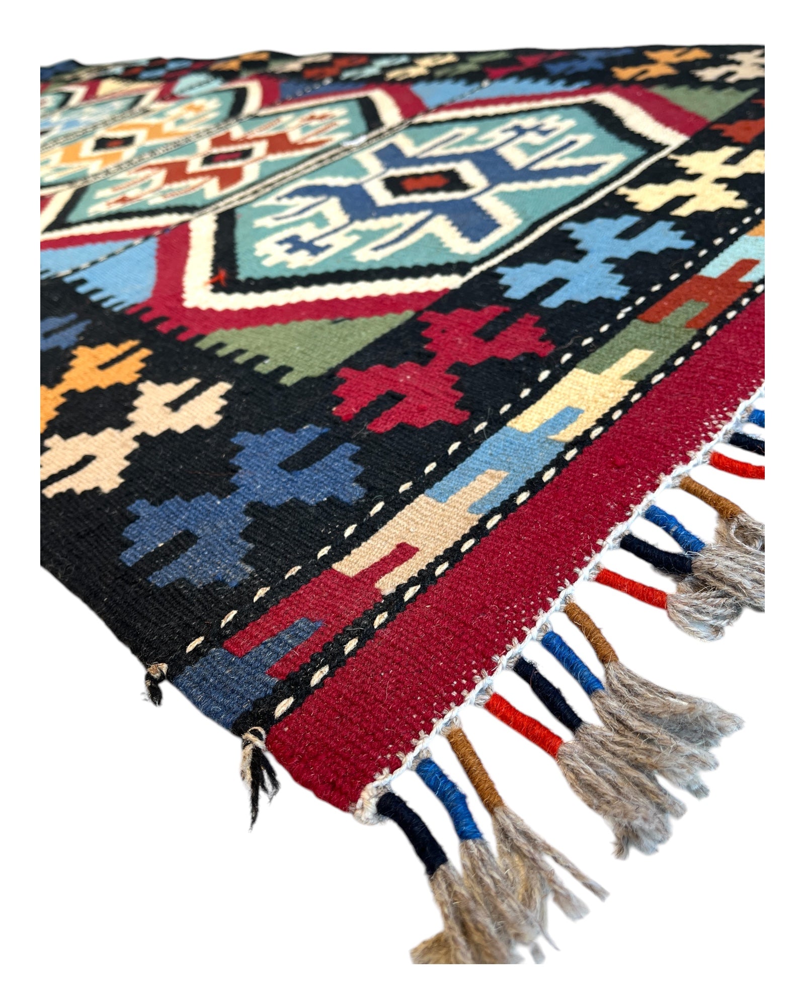 290cm x 80cm Black & Teal Maymana Kilim Runner