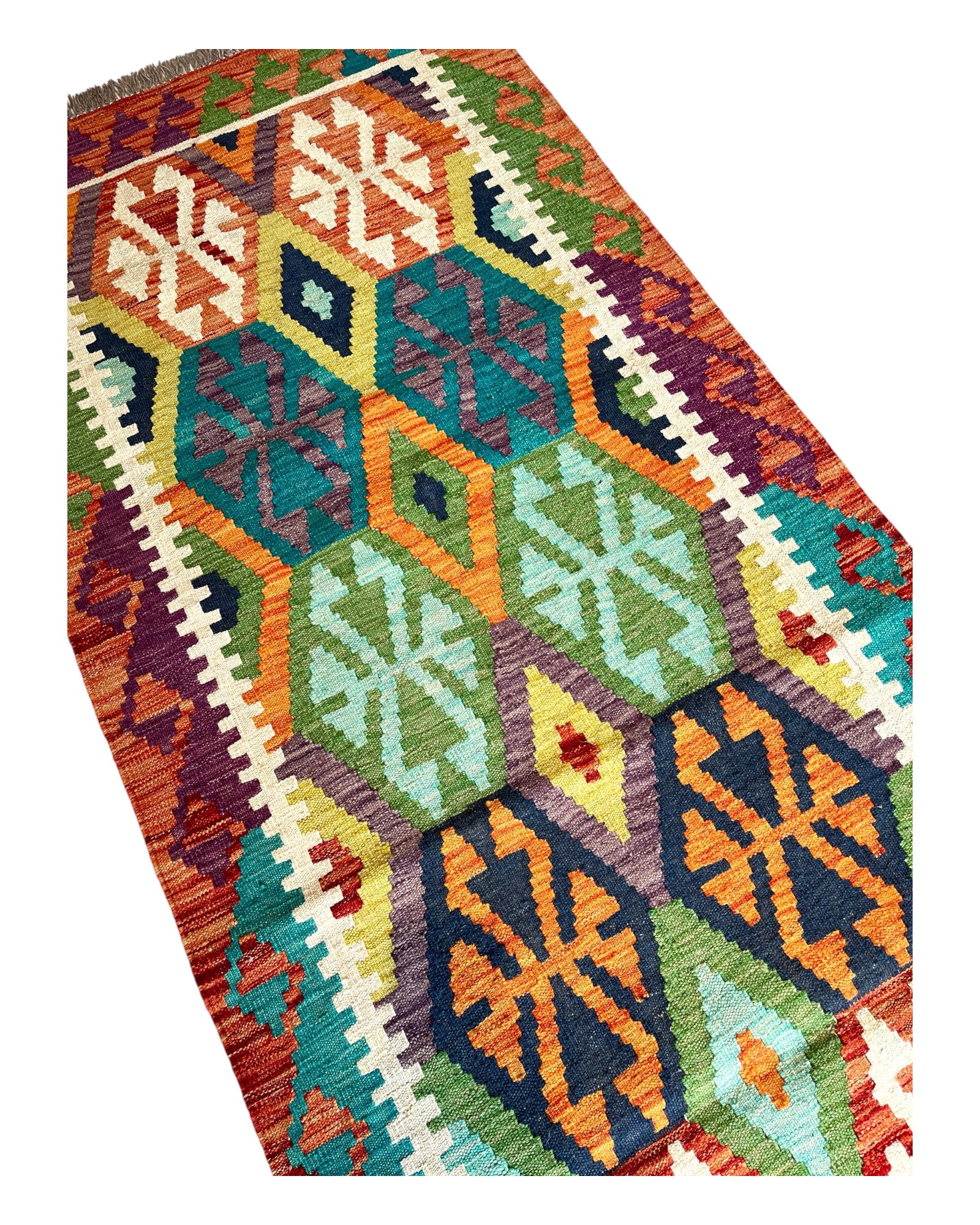 286cm x 84cm Orange, Blue & Green Maymana Kilim Runner