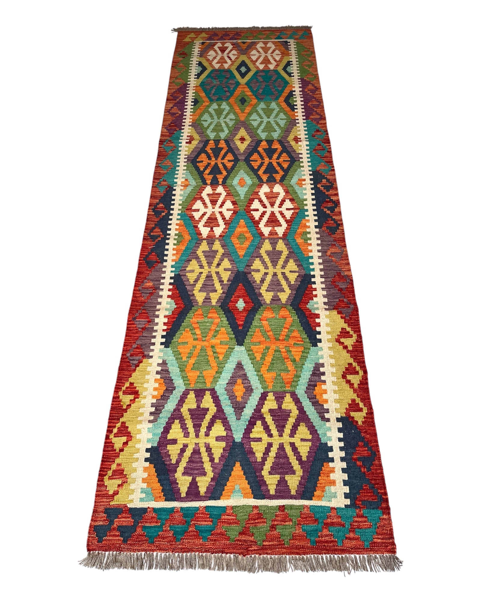 286cm x 84cm Orange, Blue & Green Maymana Kilim Runner