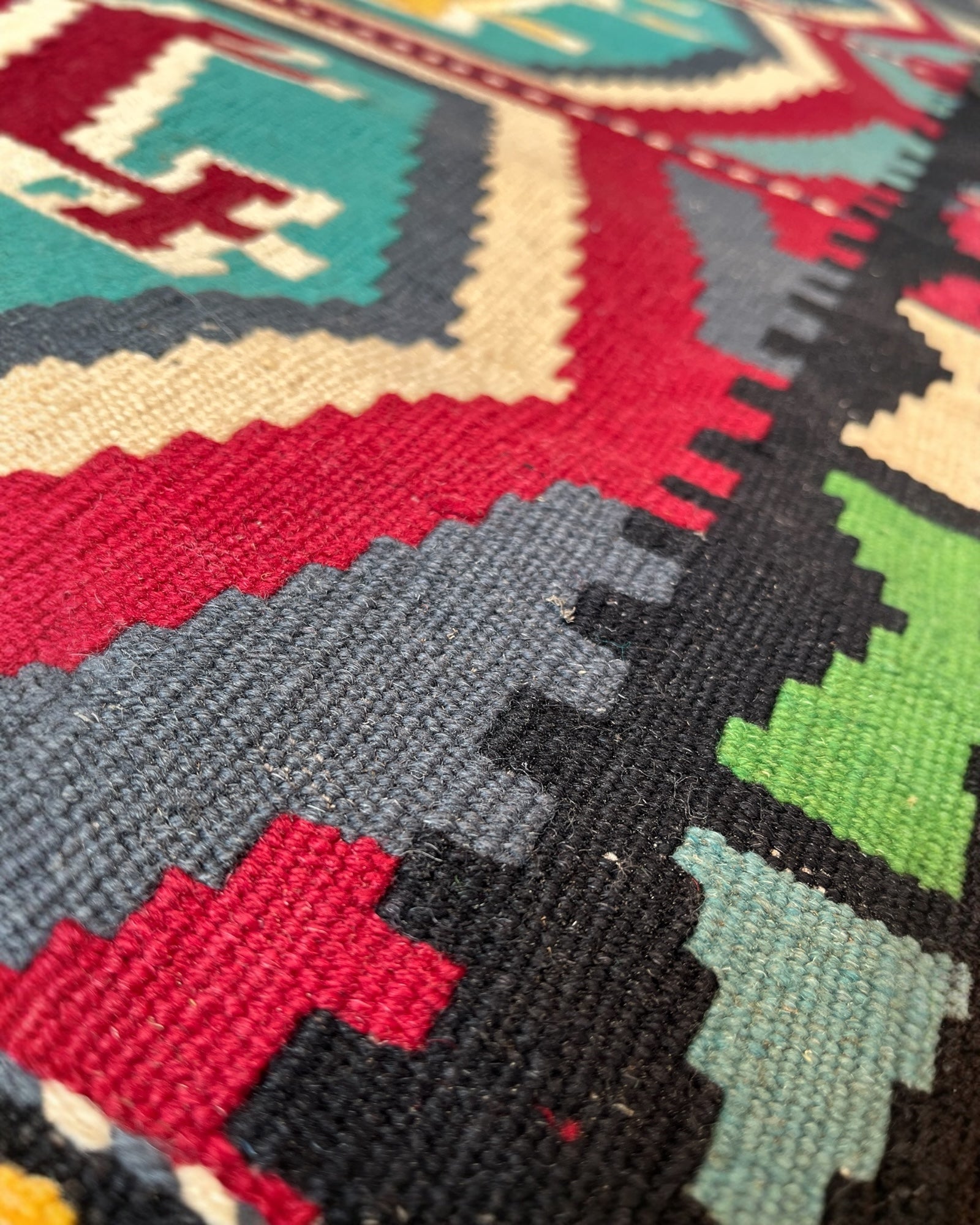 250cm x 80cm Black & Turquoise Maymana Kilim Runner