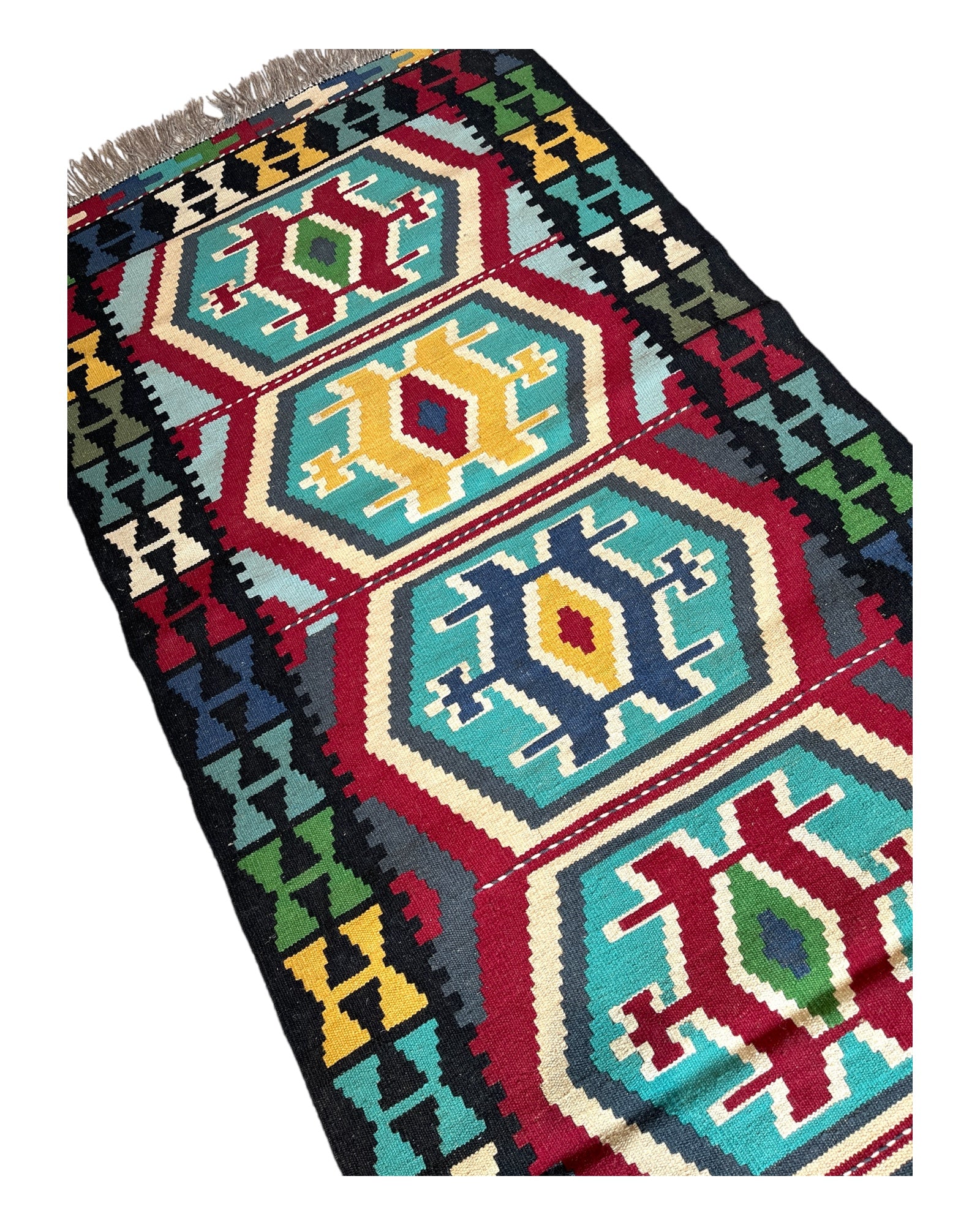 250cm x 80cm Black & Turquoise Maymana Kilim Runner