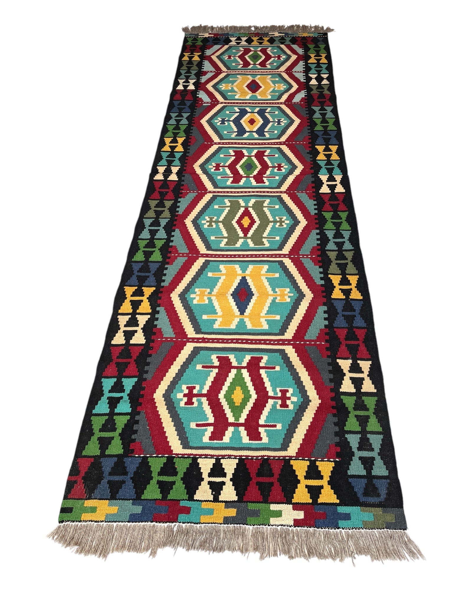 250cm x 80cm Black & Turquoise Maymana Kilim Runner