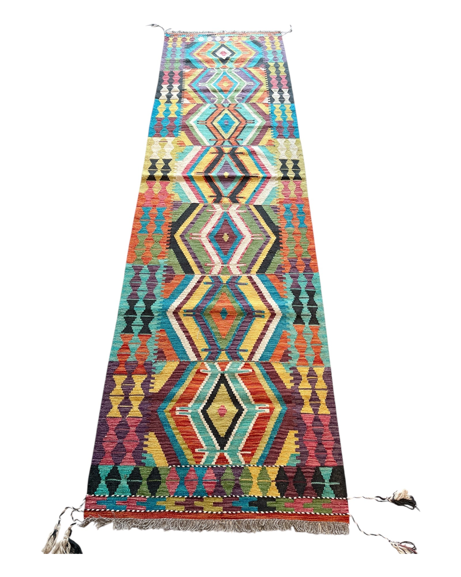 308cm x 85cm Orange & Turquoise Maymana Kilim Runner