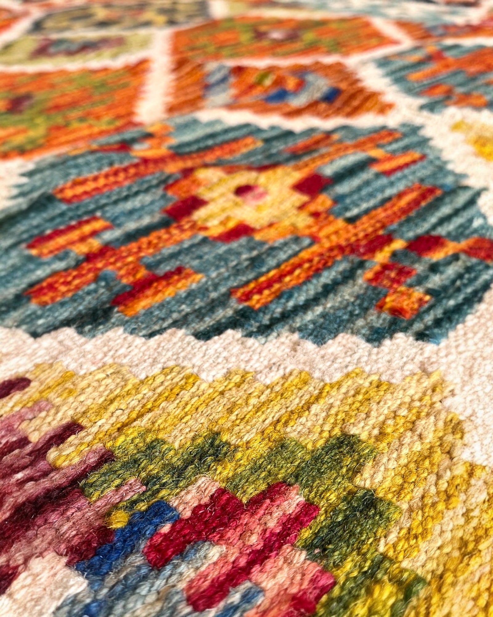 143cm x 98cm Navy, Teal & Orange Maymana Kilim