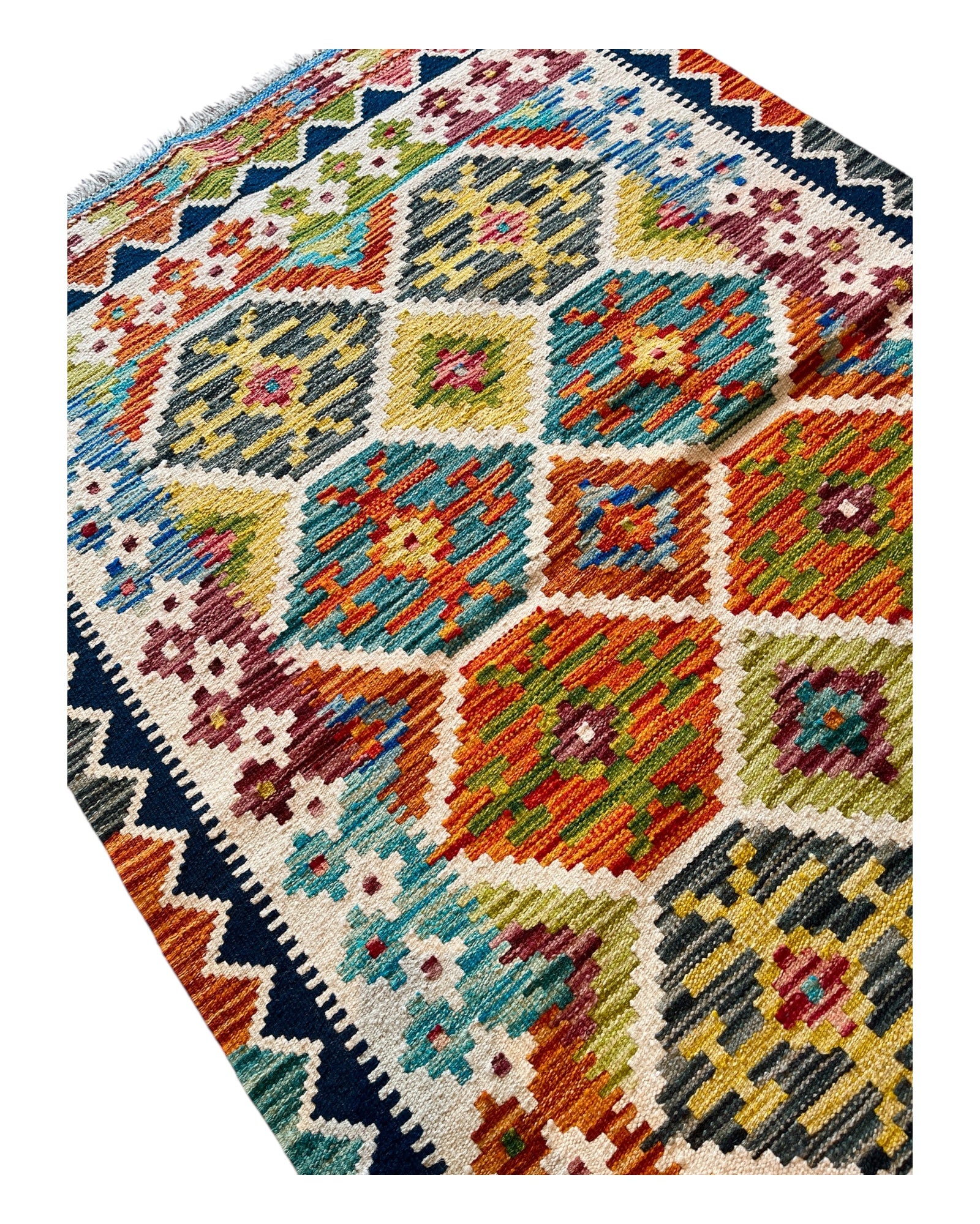 143cm x 98cm Navy, Teal & Orange Maymana Kilim