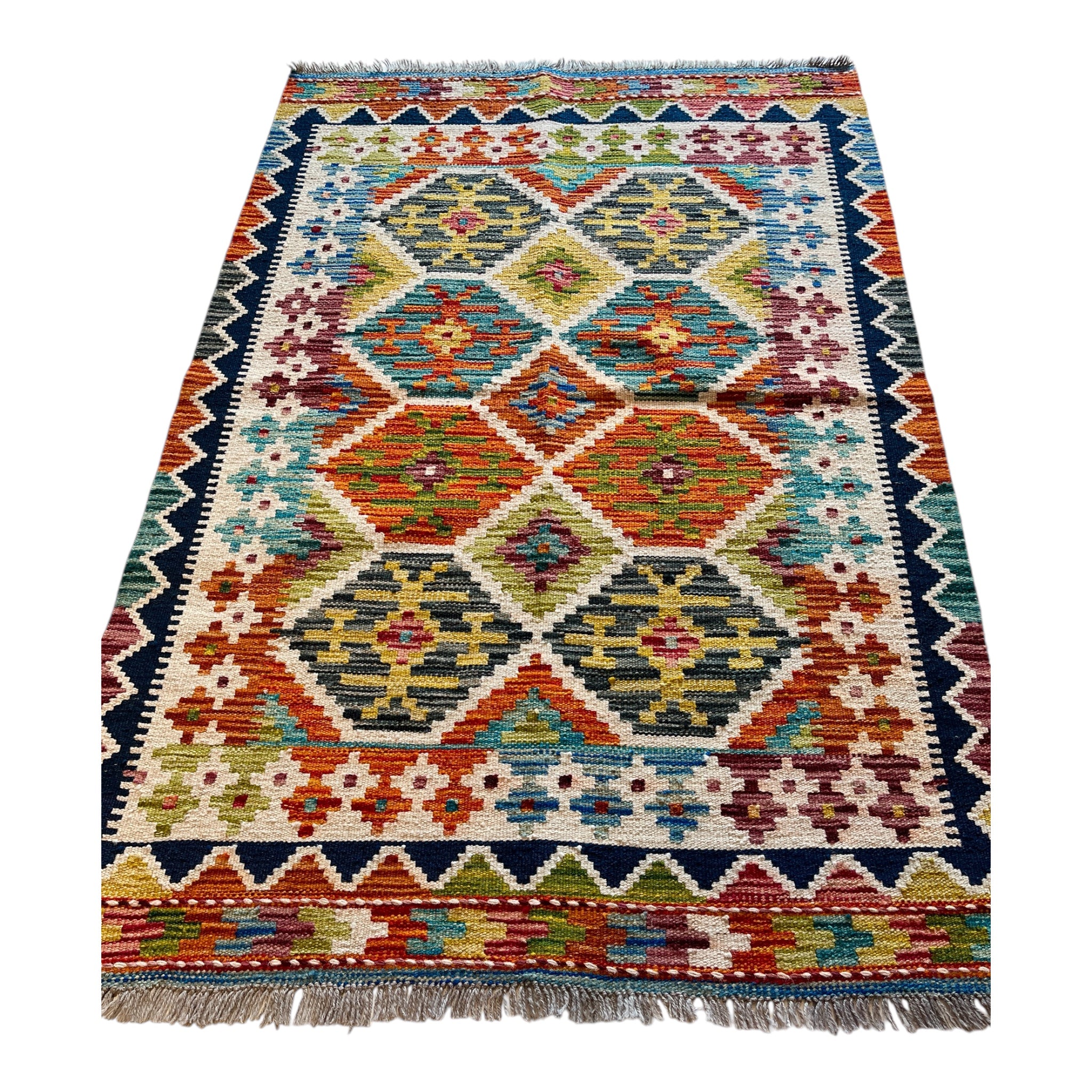 143cm x 98cm Navy, Teal & Orange Maymana Kilim