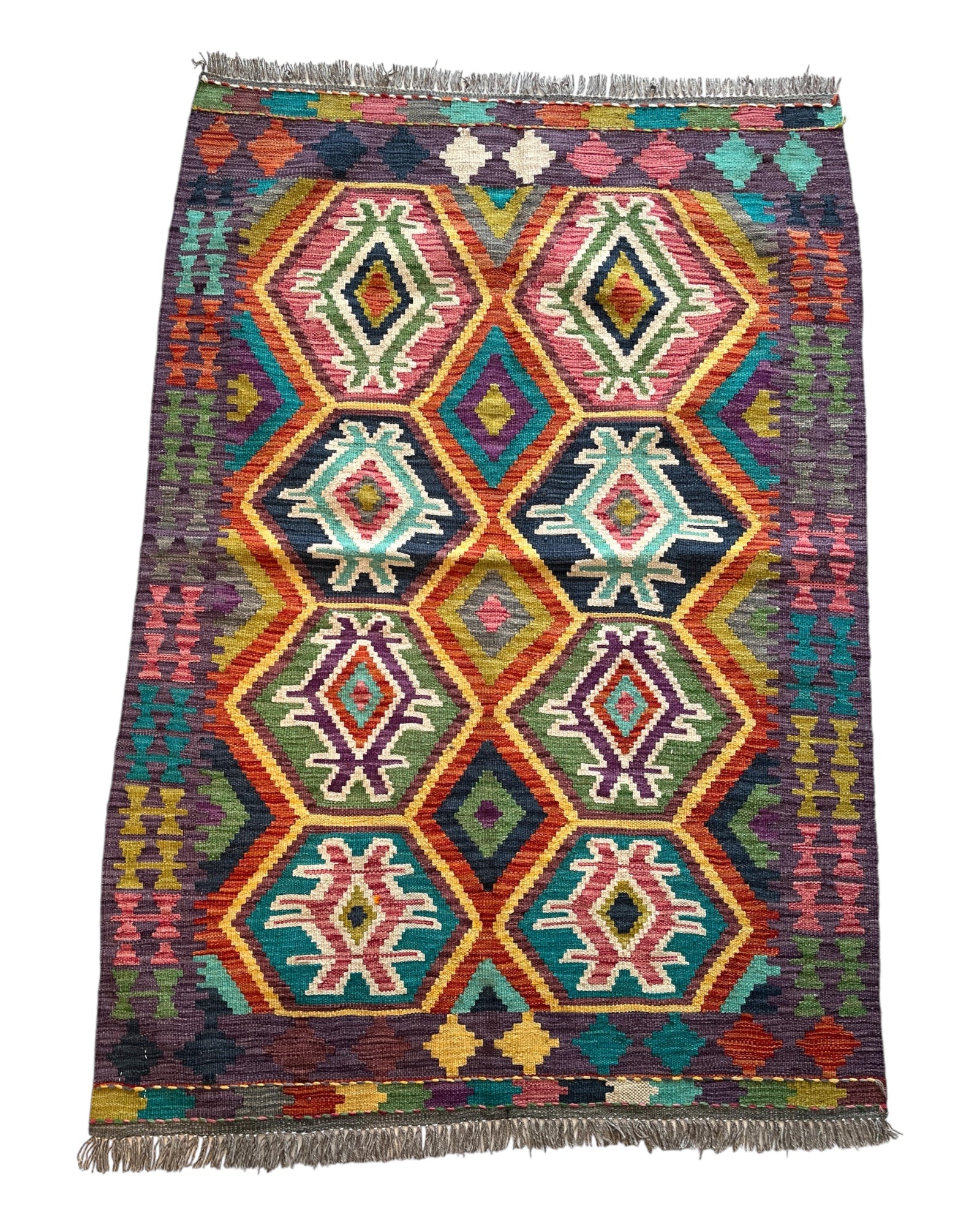 142cm x 98cm Purple, Navy & Orange Maymana Kilim