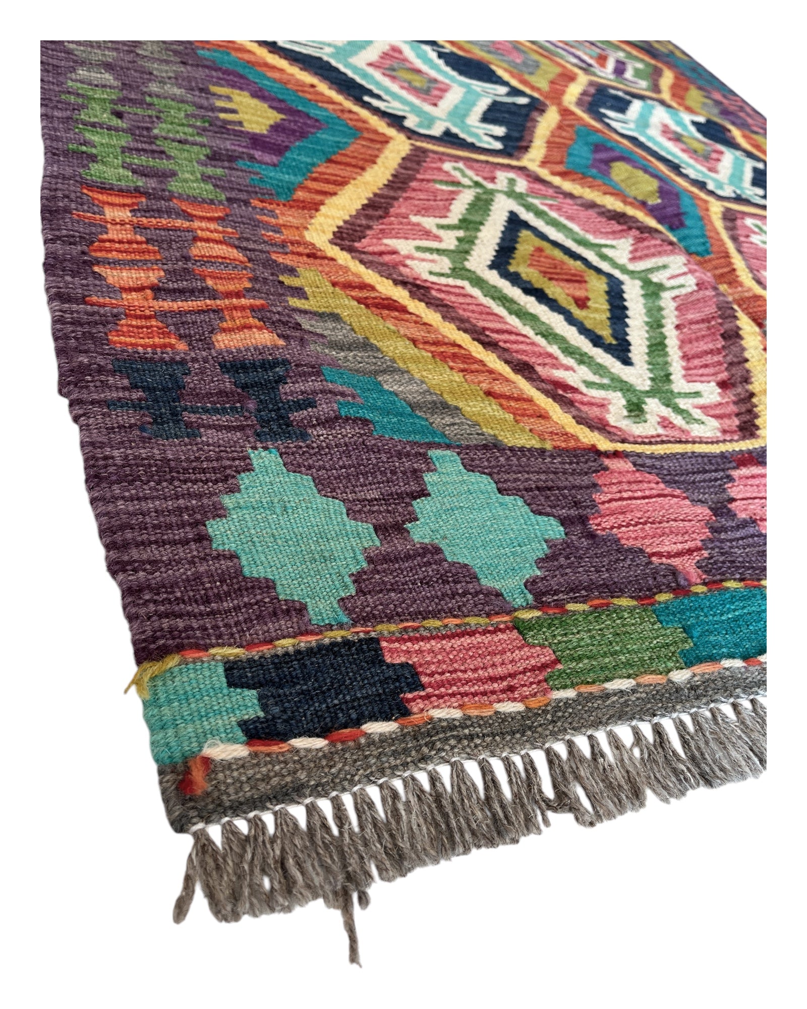 142cm x 98cm Purple, Navy & Orange Maymana Kilim