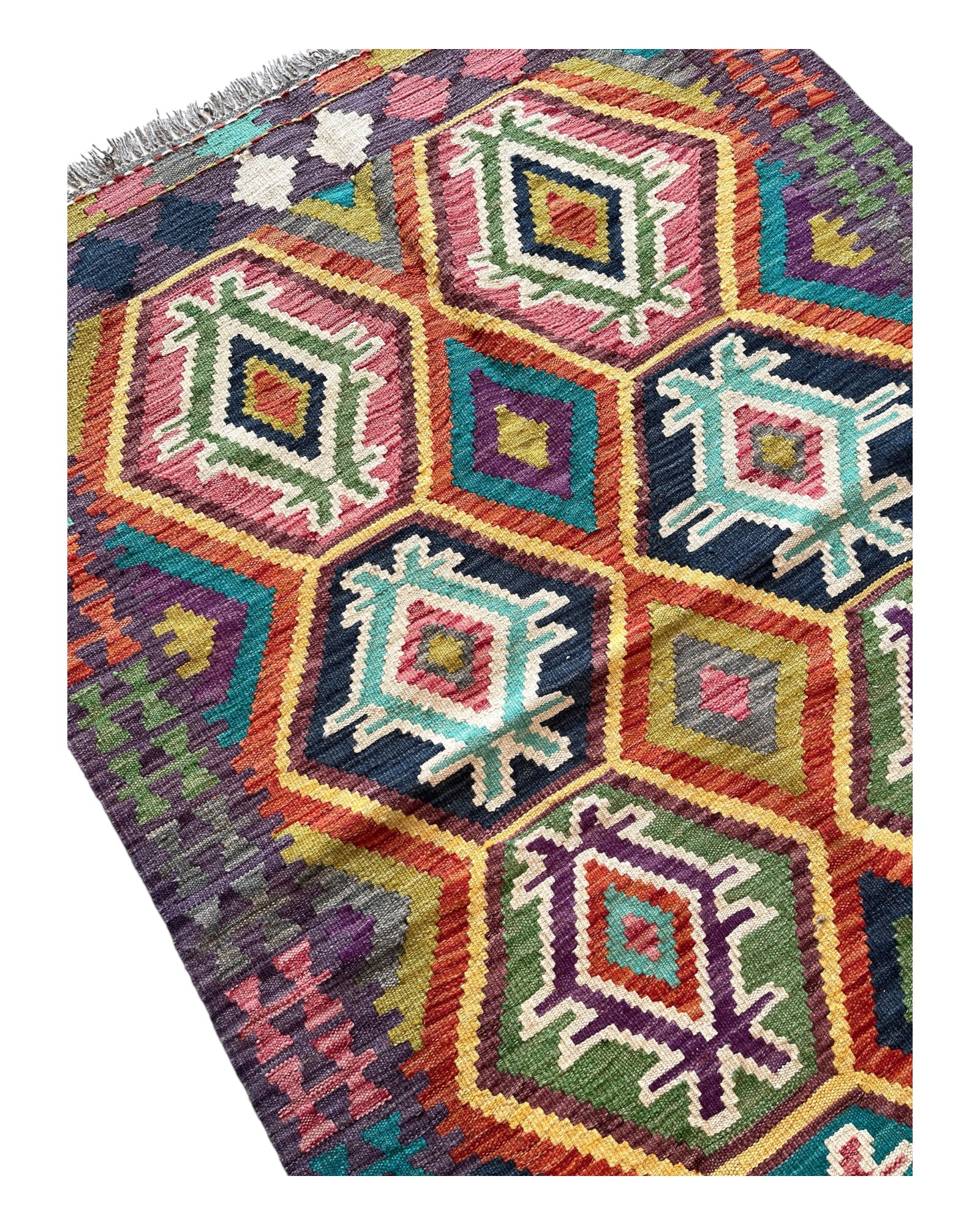 142cm x 98cm Purple, Navy & Orange Maymana Kilim