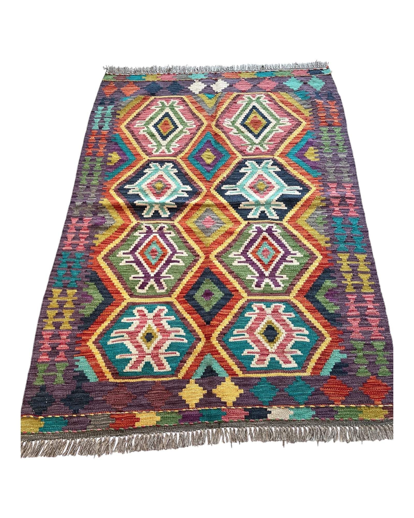 142cm x 98cm Purple, Navy & Orange Maymana Kilim