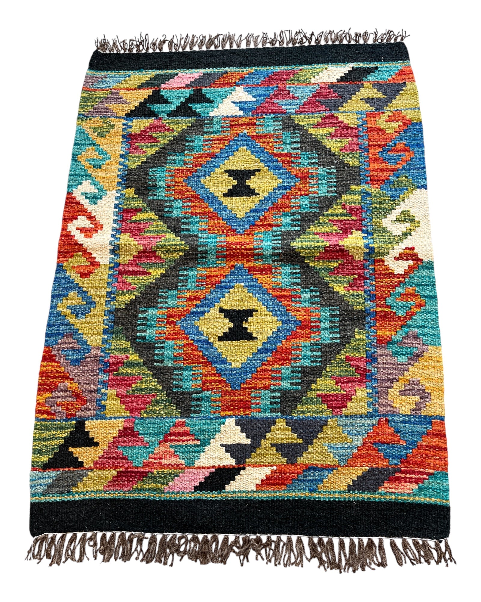 92cm x 67cm Orange, Green & Grey Maymana Kilim