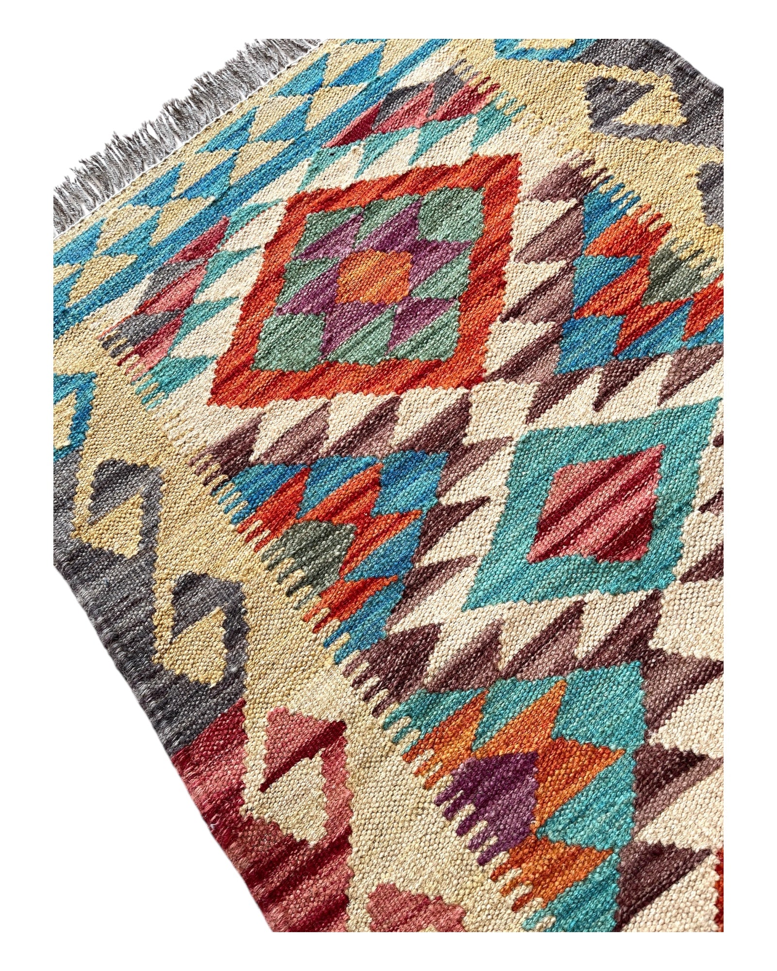 93cm x 59cm Cream, Turquoise & Orange Maymana Kilim