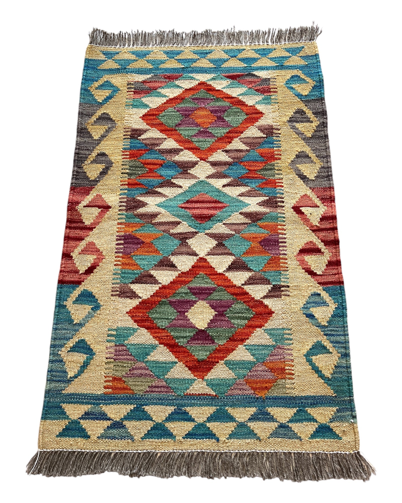 93cm x 59cm Cream, Turquoise & Orange Maymana Kilim