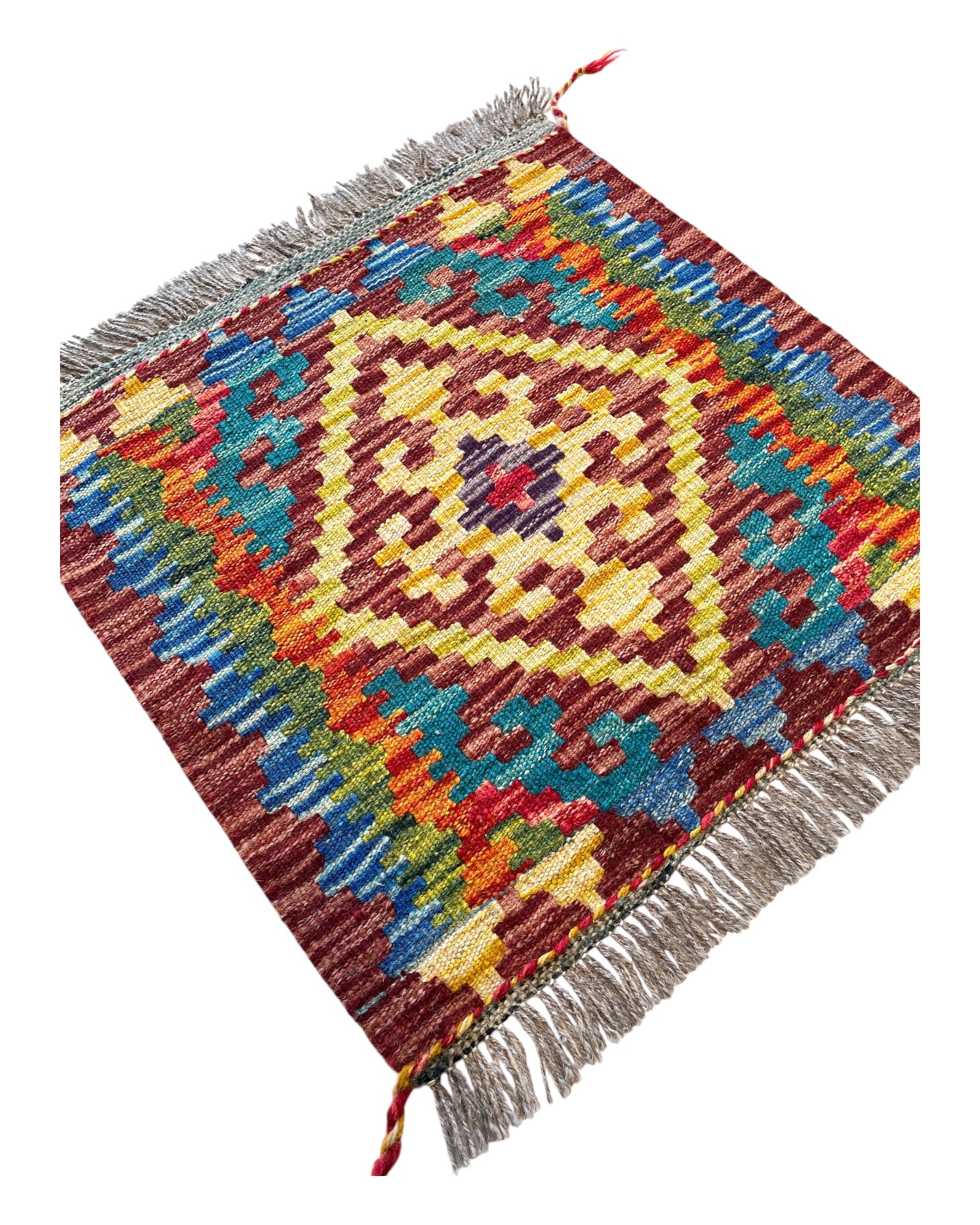 50cm x 50cm Yellow & Teal Table Top Maymana Kilim