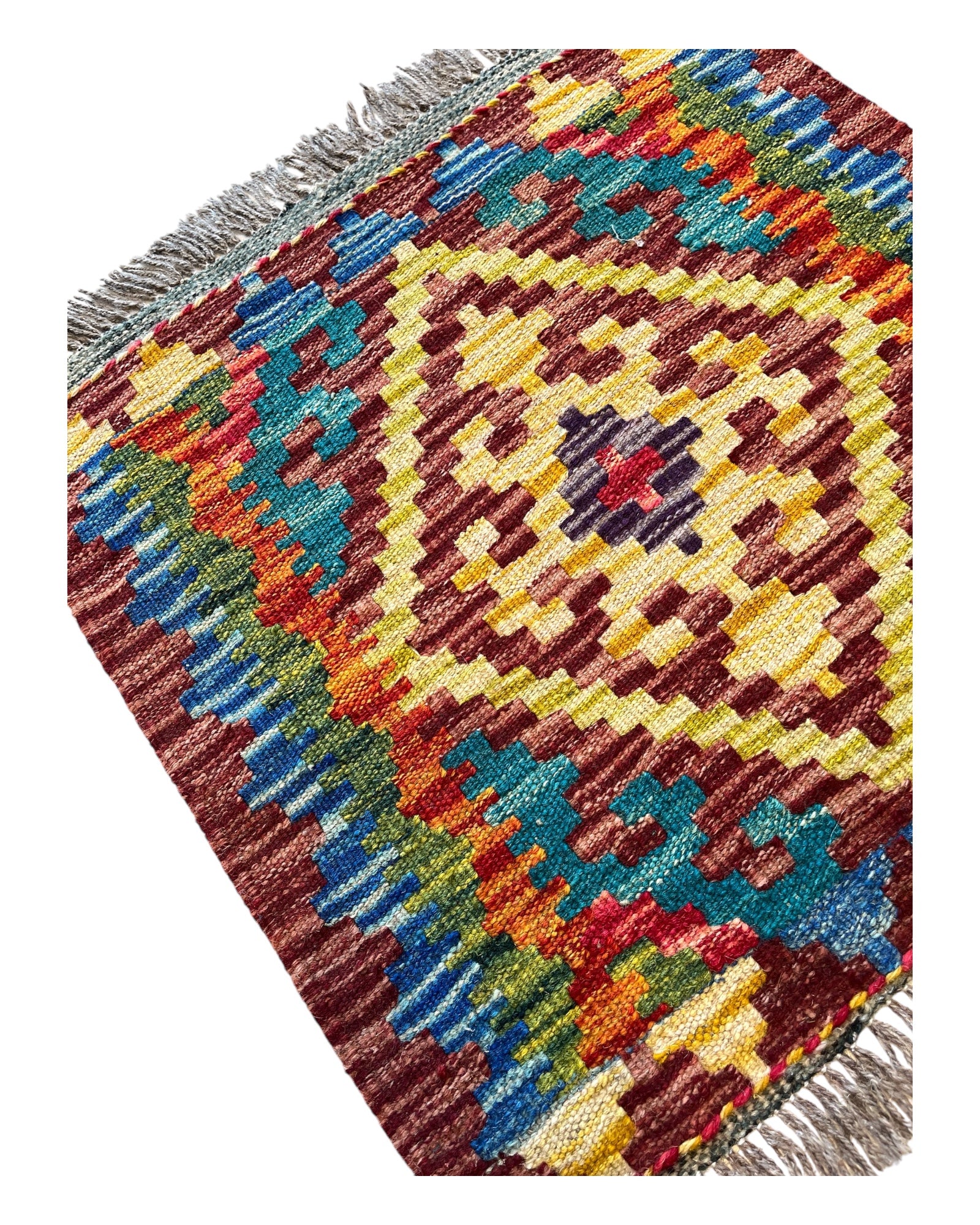 50cm x 50cm Yellow & Teal Table Top Maymana Kilim