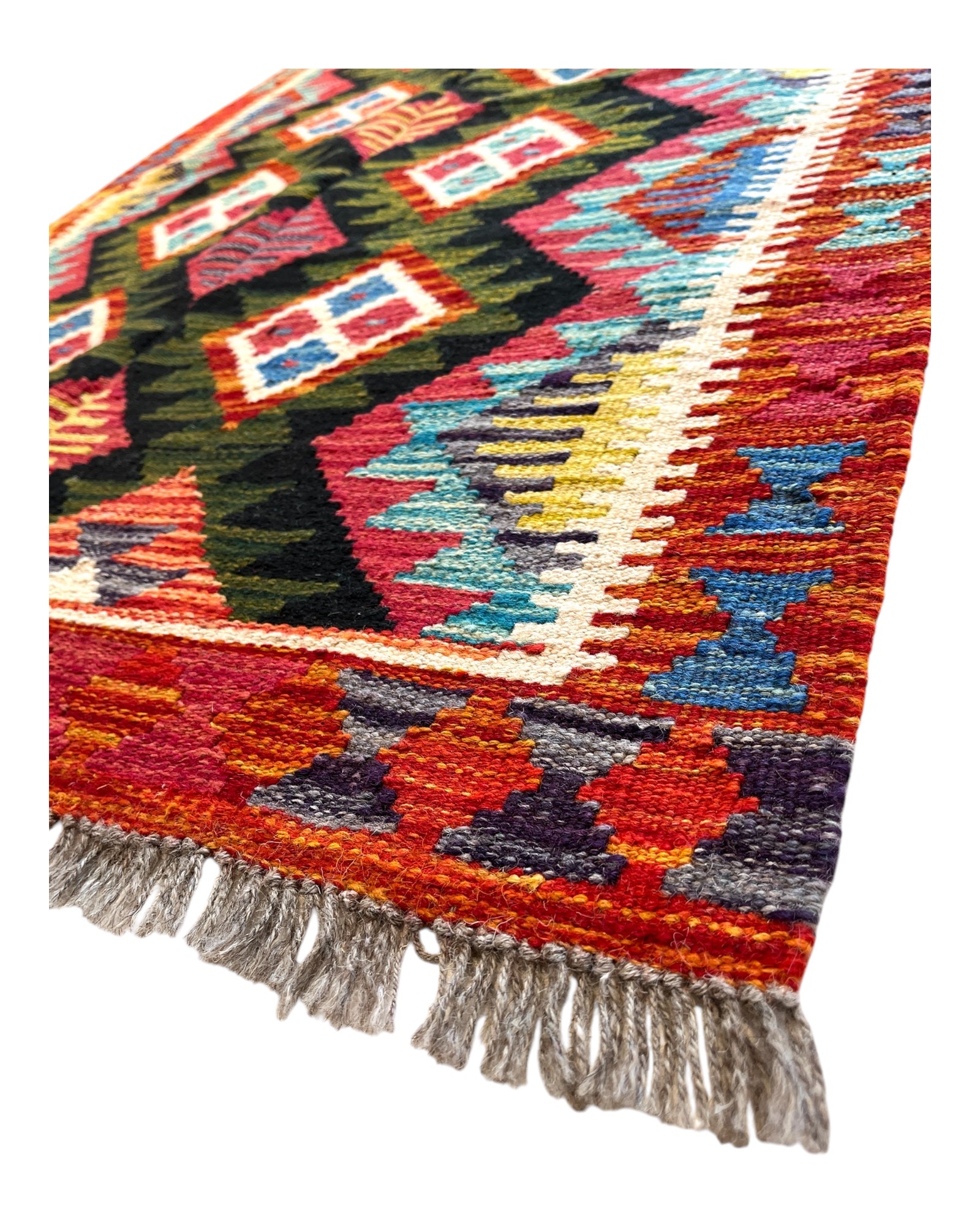 148cm x 100cm Black, Green & Orange Maymana Kilim