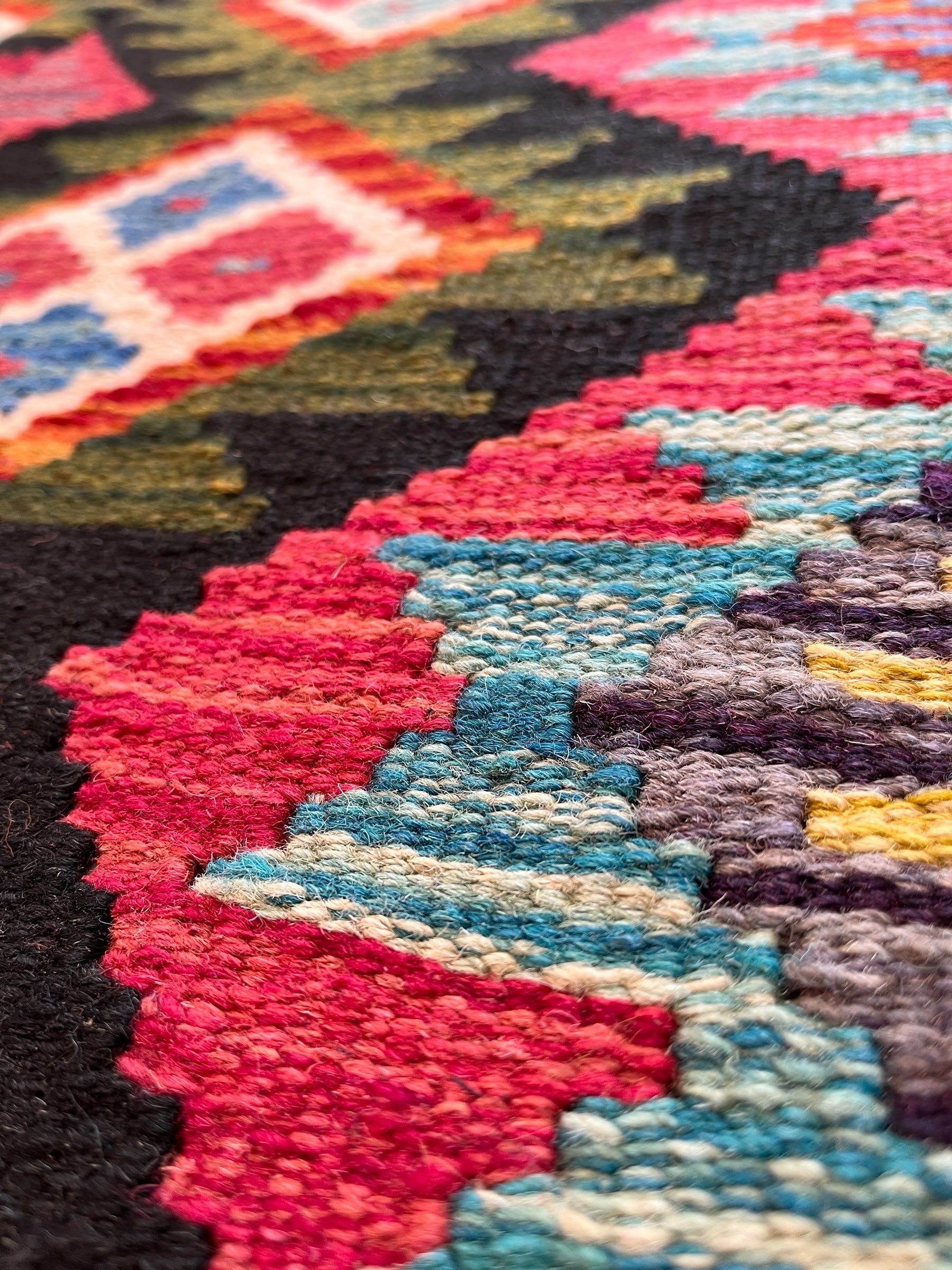 148cm x 100cm Black, Green & Orange Maymana Kilim
