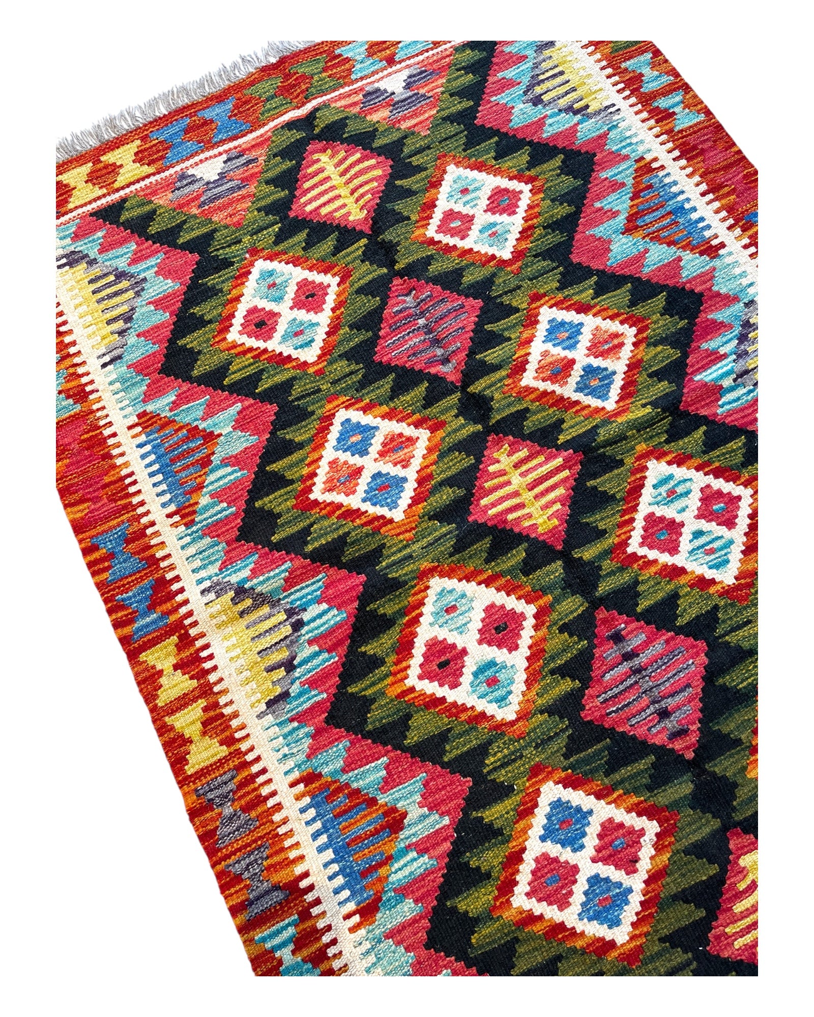148cm x 100cm Black, Green & Orange Maymana Kilim