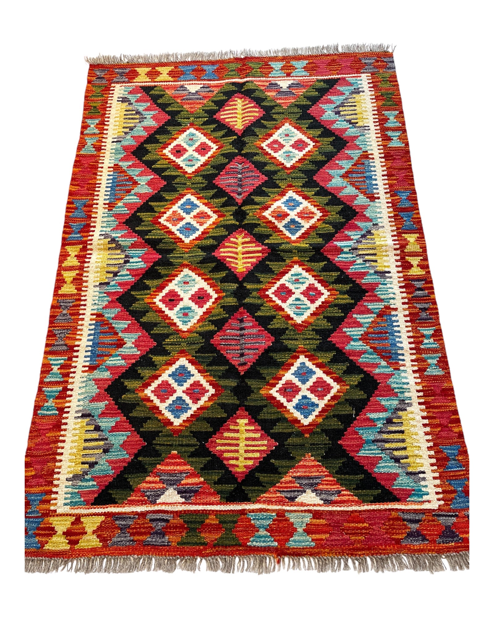 148cm x 100cm Black, Green & Orange Maymana Kilim