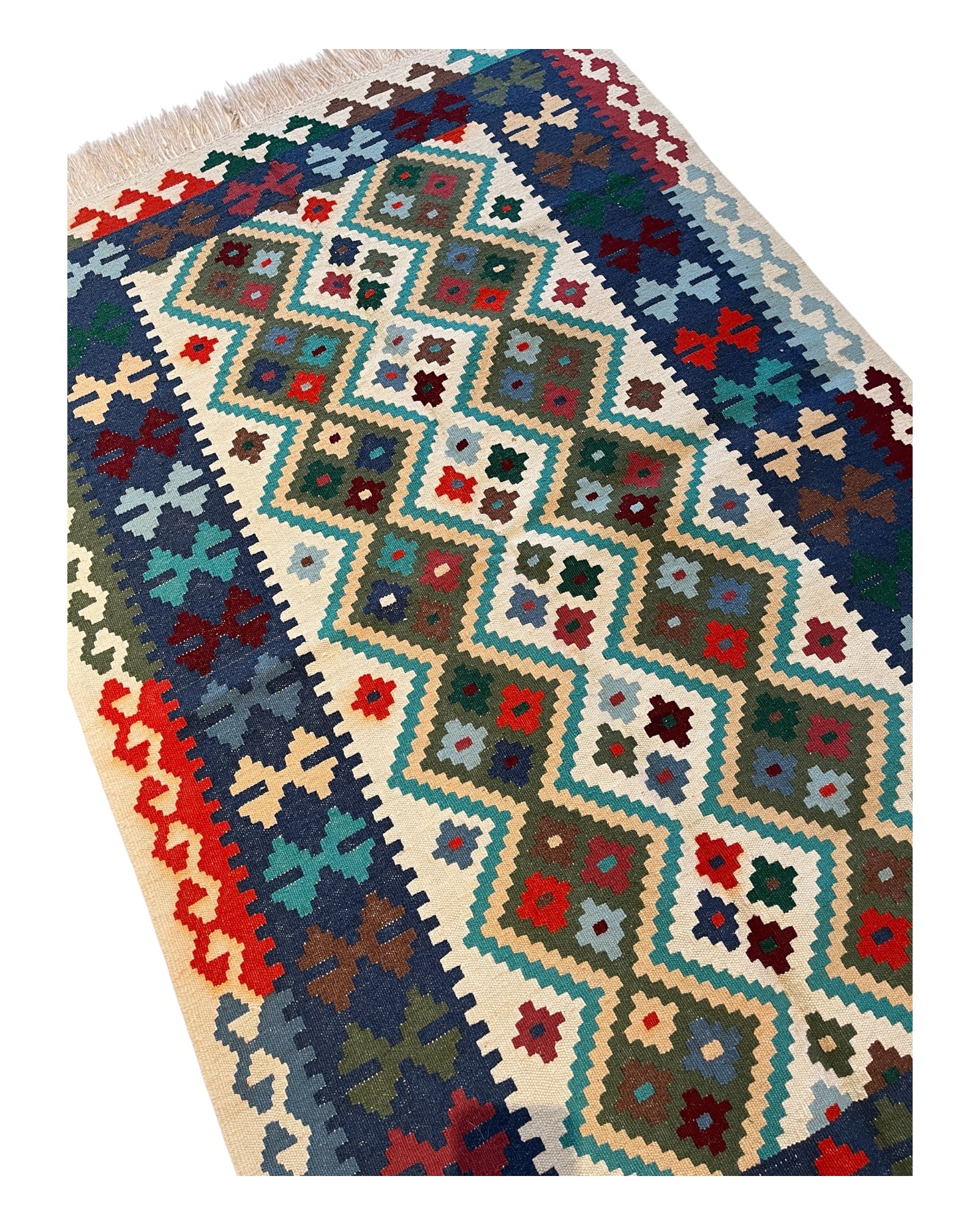 157cm x 100cm Cream, Blue & Khaki Maymana Kilim