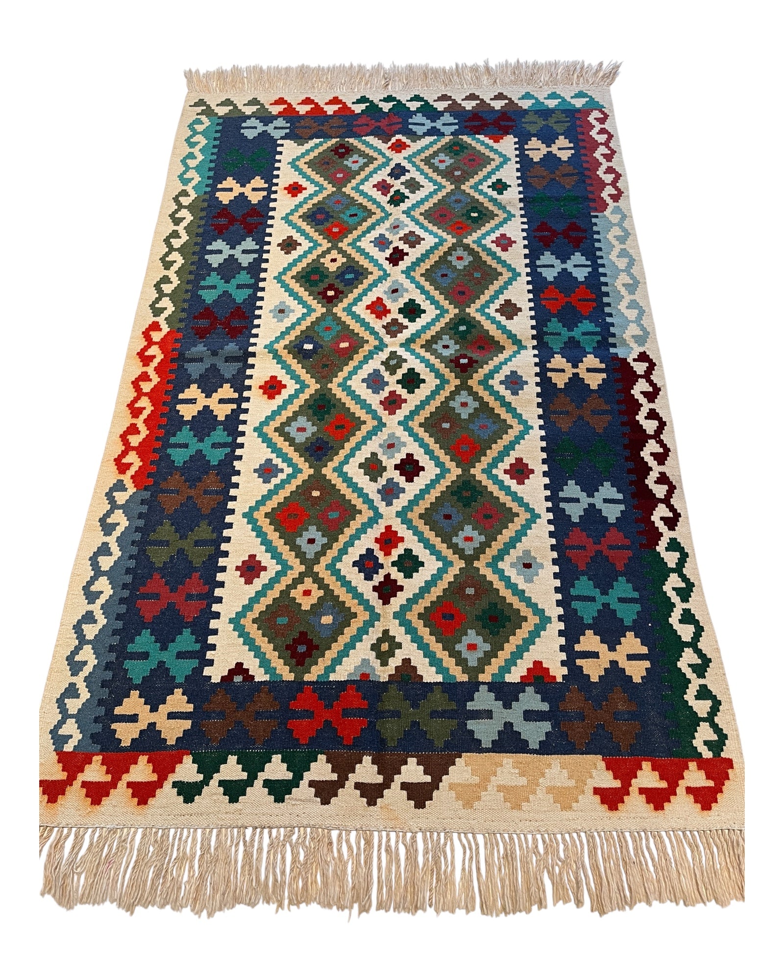 157cm x 100cm Cream, Blue & Khaki Maymana Kilim