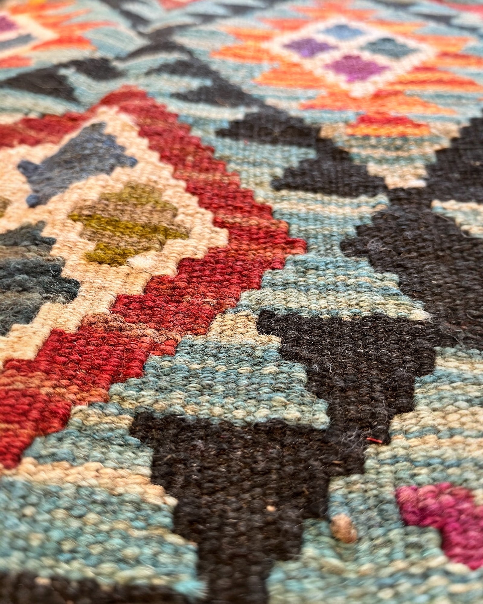143cm x 102cm Turquoise, Yellow & Orange Maymana Kilim