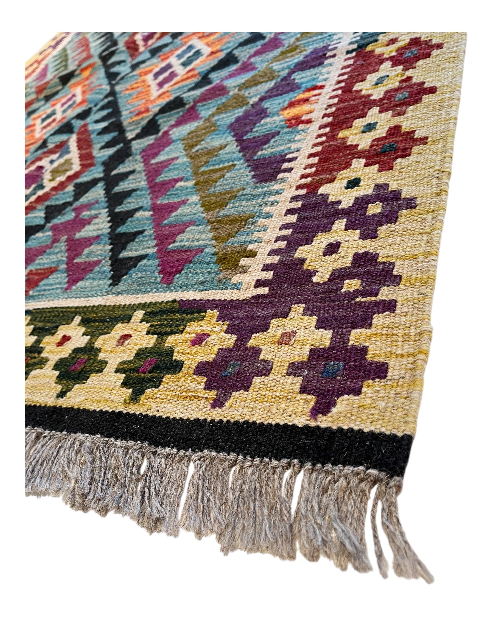 143cm x 102cm Turquoise, Yellow & Orange Maymana Kilim