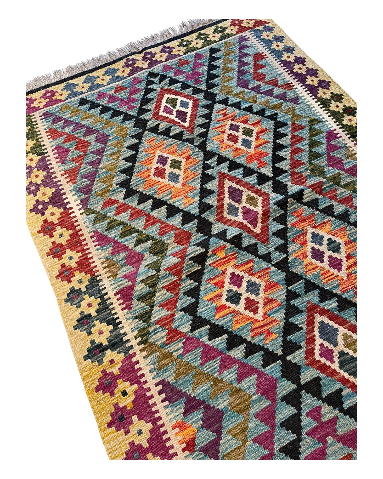 143cm x 102cm Turquoise, Yellow & Orange Maymana Kilim