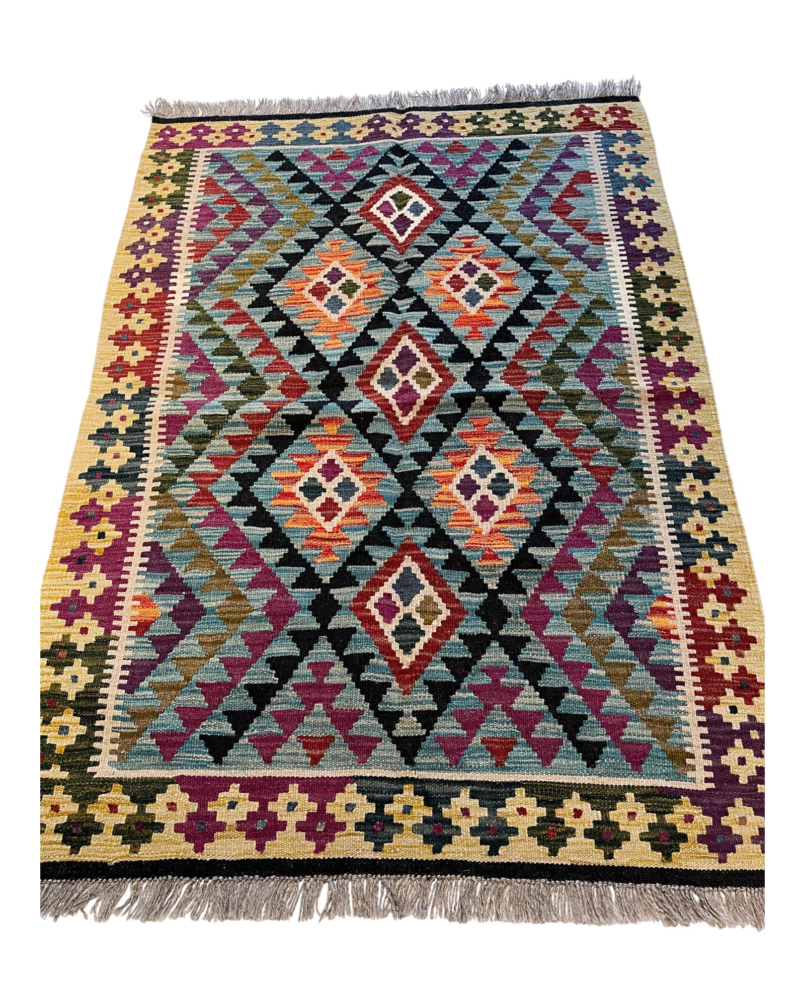 143cm x 102cm Turquoise, Yellow & Orange Maymana Kilim