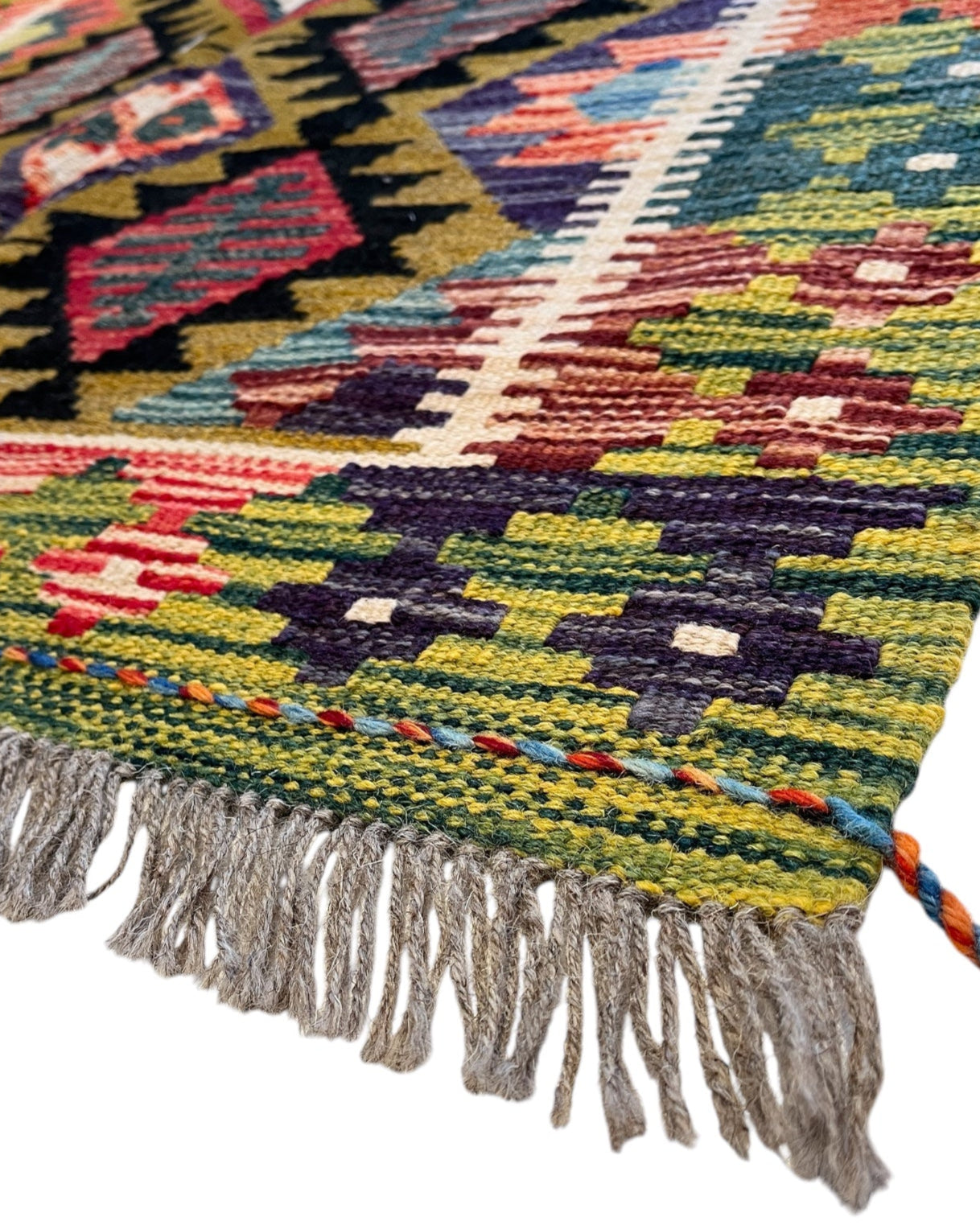 150cm x 100cm Green, Black & Pink Maymana Kilim