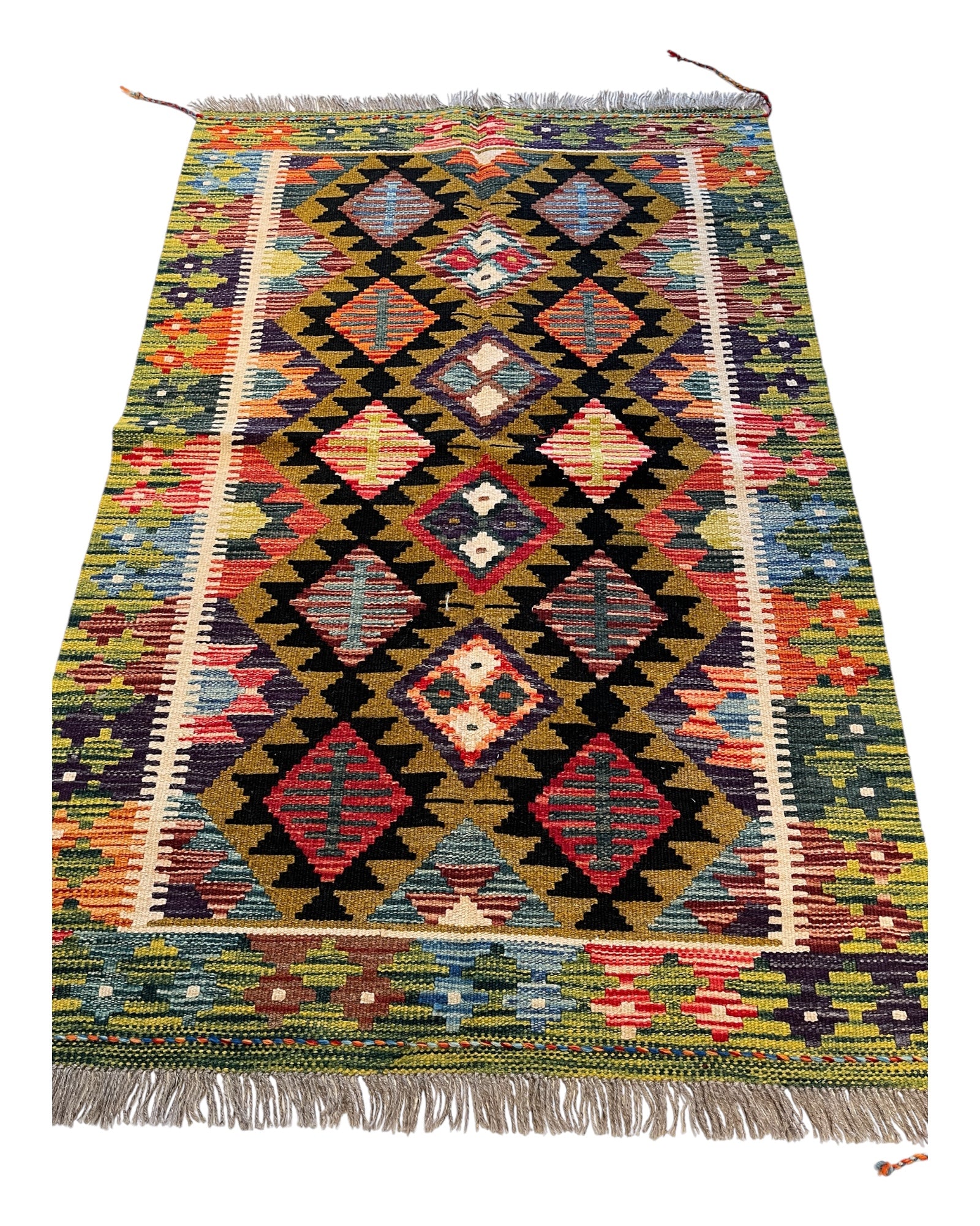 150cm x 100cm Green, Black & Pink Maymana Kilim