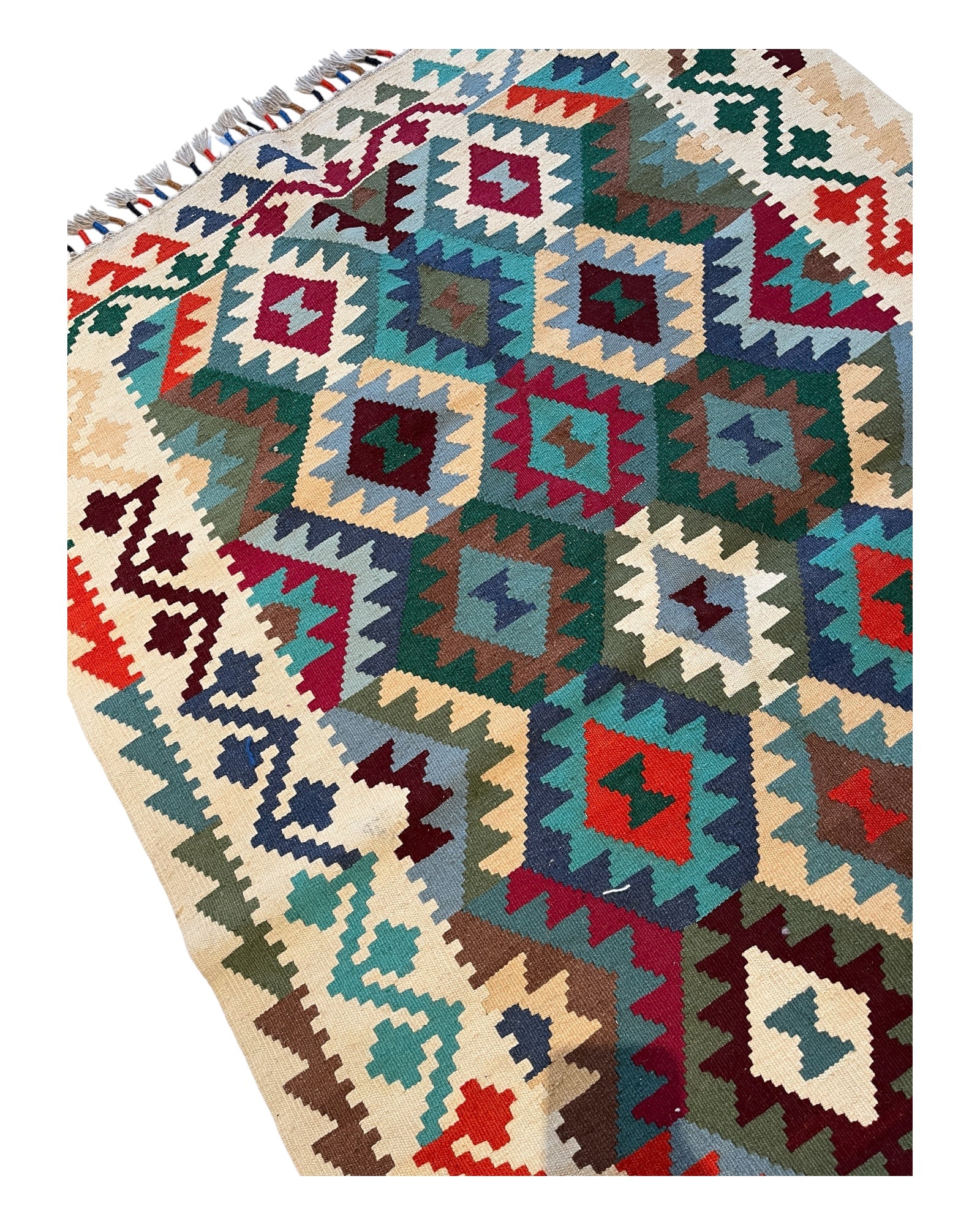 150cm x 100cm Cream, Burgundy & Blue Maymana Kilim