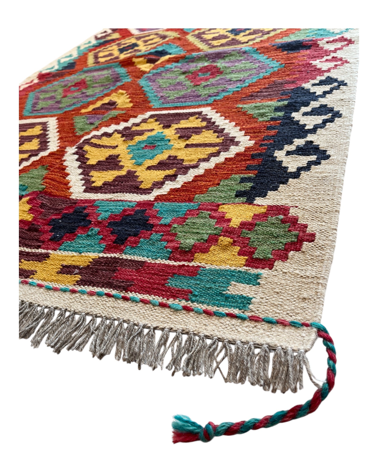 150cm x 100cm Orange, Cream & Turquoise Maymana Kilim