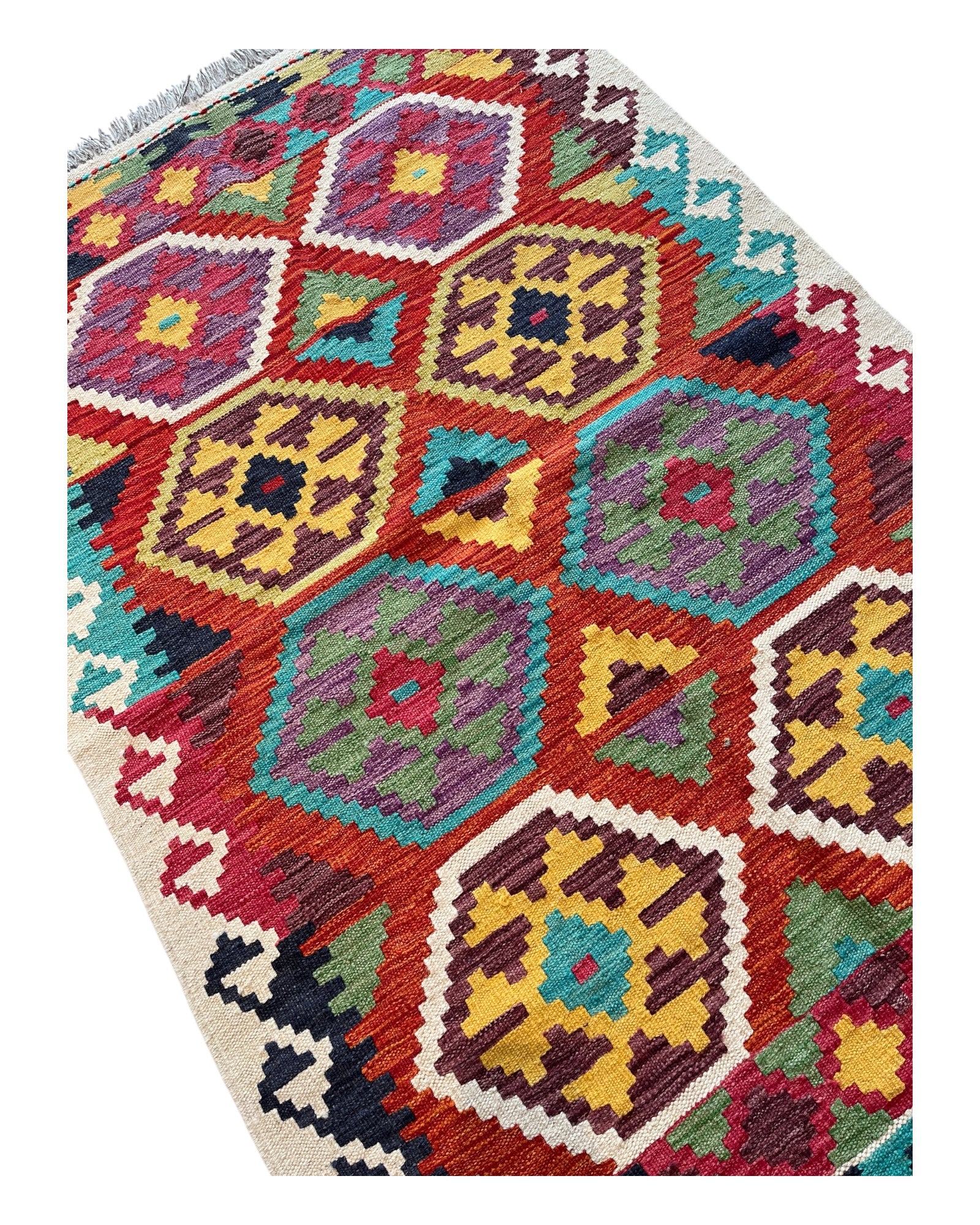 150cm x 100cm Orange, Cream & Turquoise Maymana Kilim