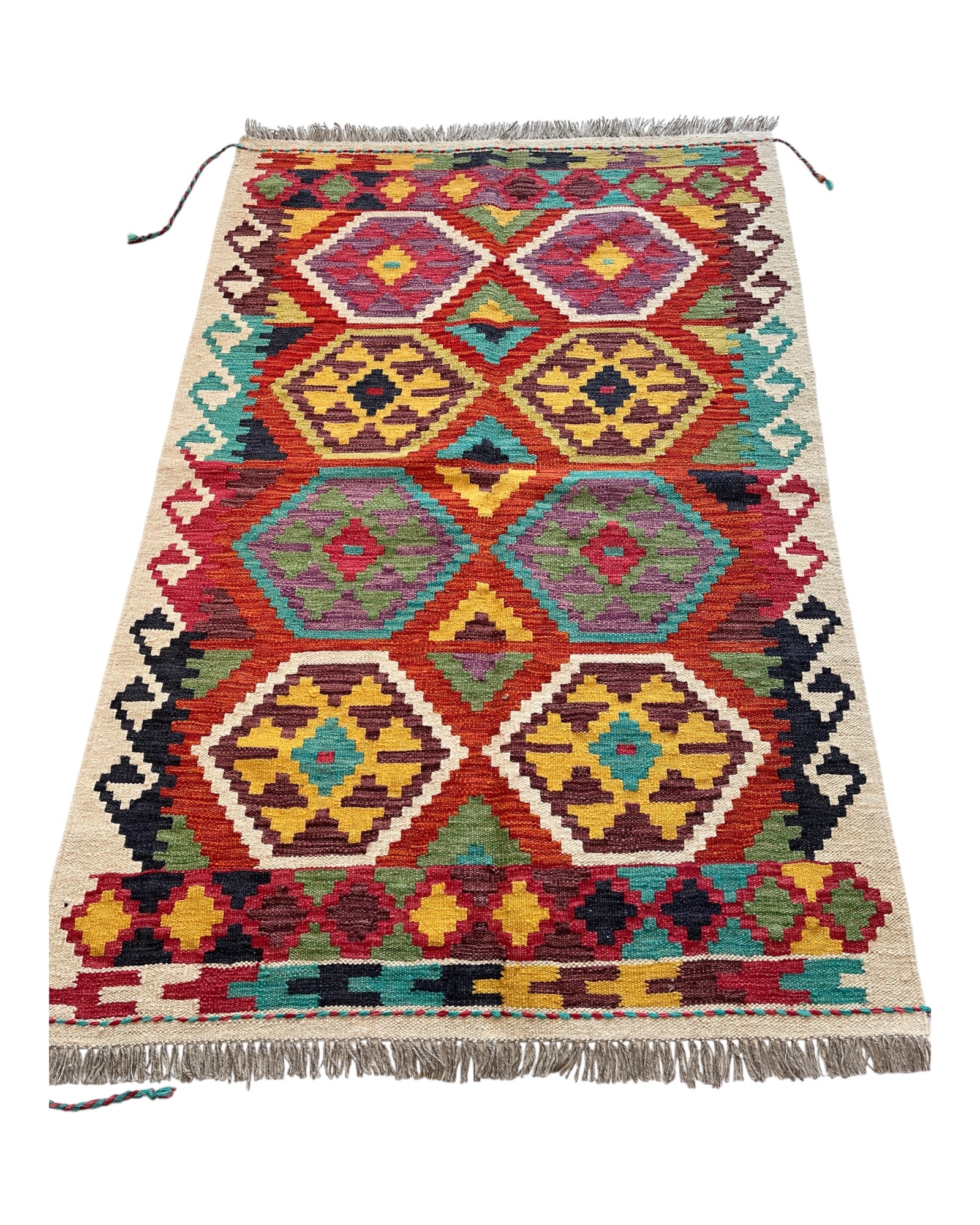 150cm x 100cm Orange, Cream & Turquoise Maymana Kilim
