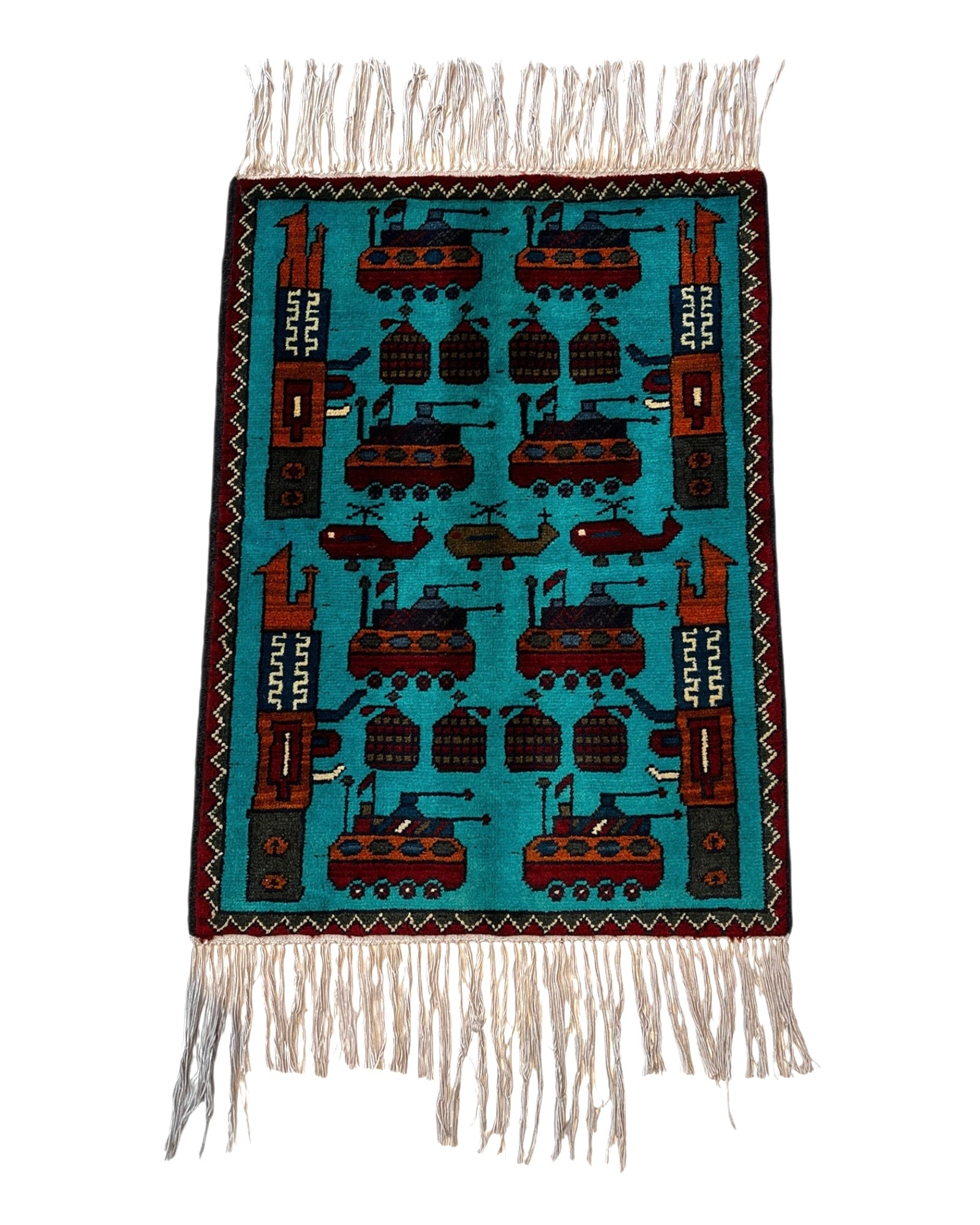 78cm x 58cm Turquoise & Burgundy War Rug