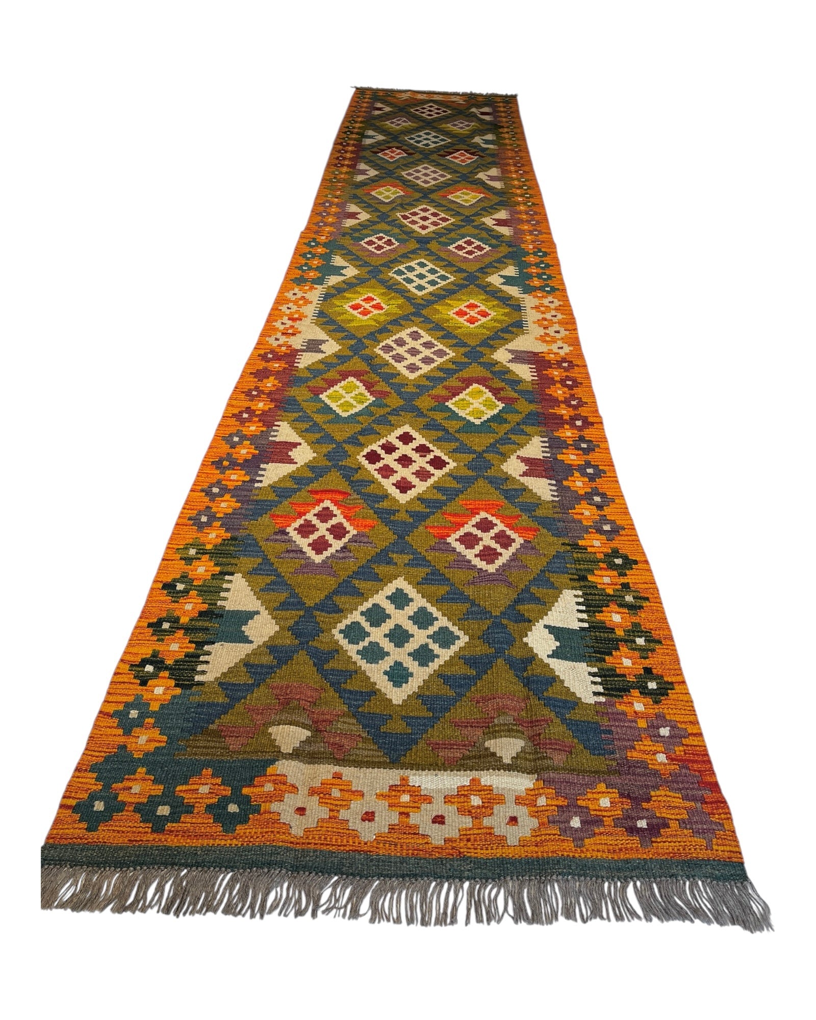 397cm x 80cm Orange & Teal Maymana Kilim Runner