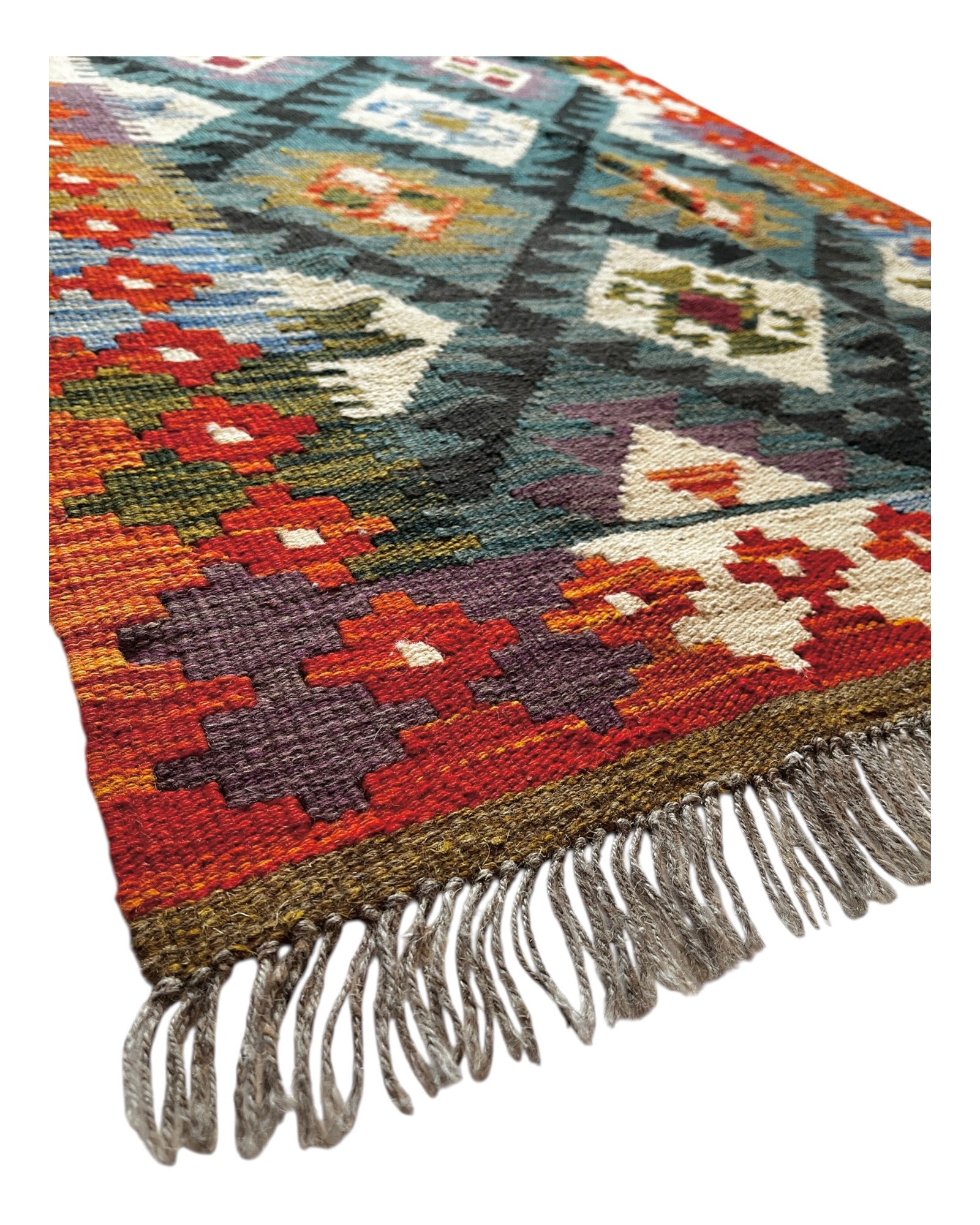 308cm x 82cm Teal & Orange Maymana Kilim Runner