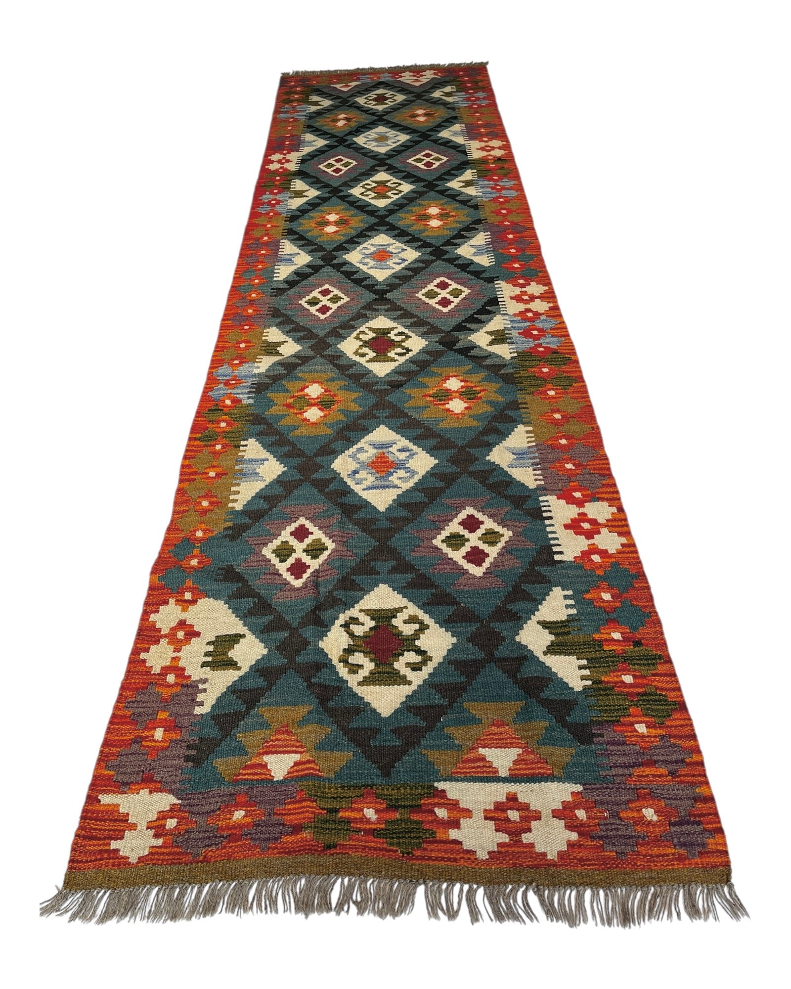308cm x 82cm Teal & Orange Maymana Kilim Runner