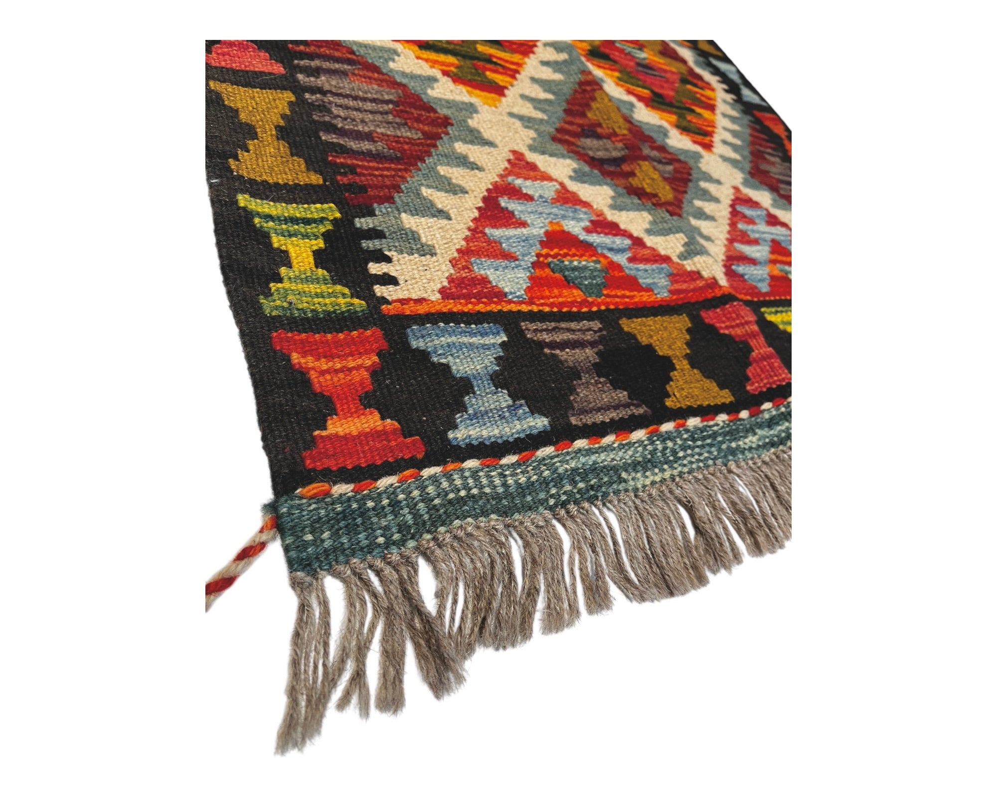 87cm x 62cm Black, Cream & Orange Maymana Kilim Doormat