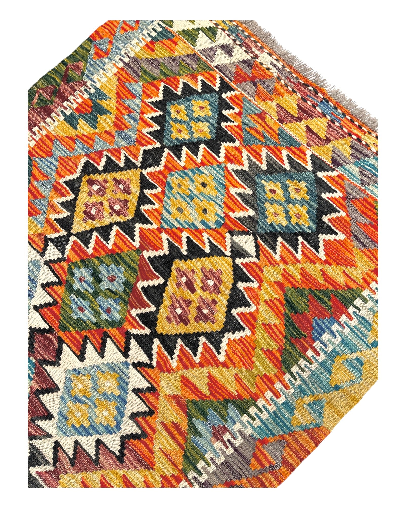 198cm x 97cm Orange & Turquoise Maymana Kilim Runner