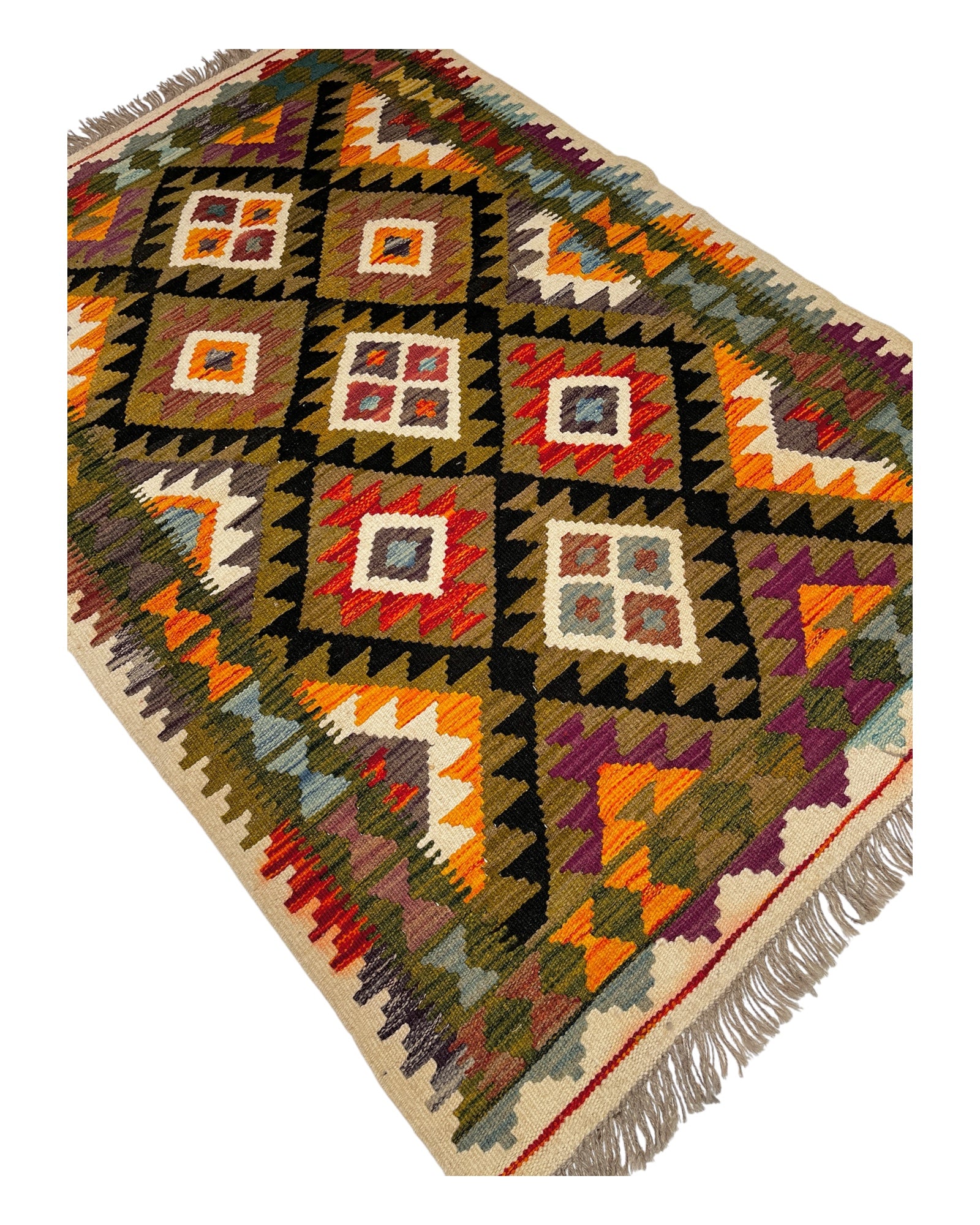 146cm x 98cm Olive Green & Yellow Maymana Kilim