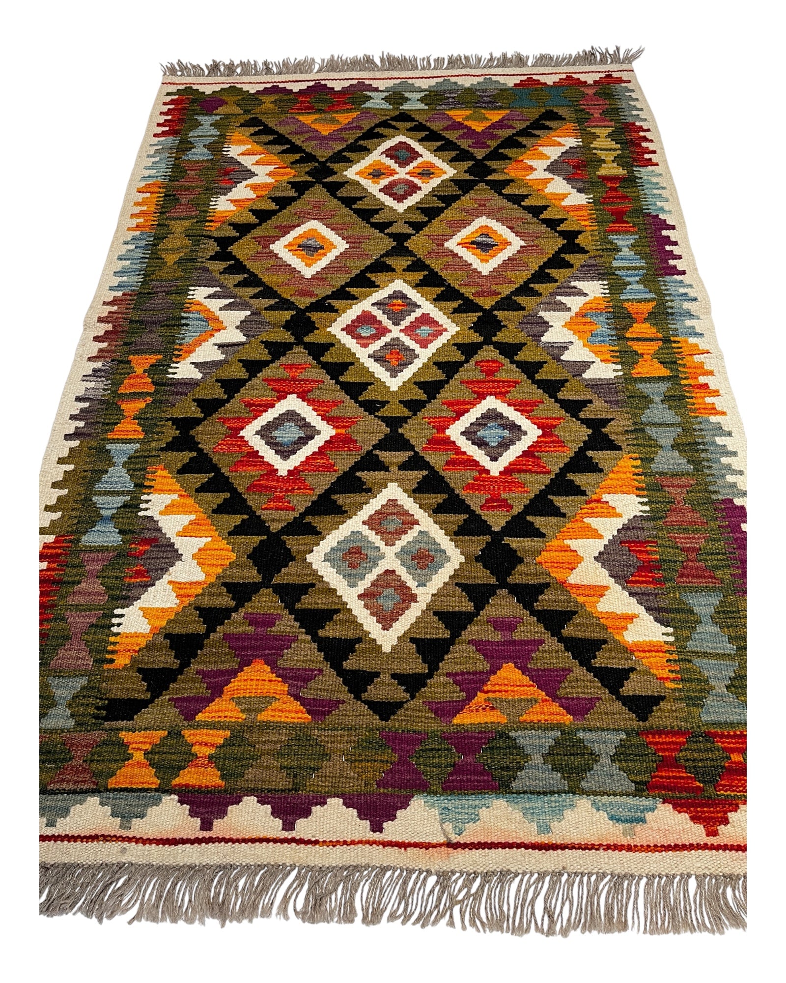 146cm x 98cm Olive Green & Yellow Maymana Kilim