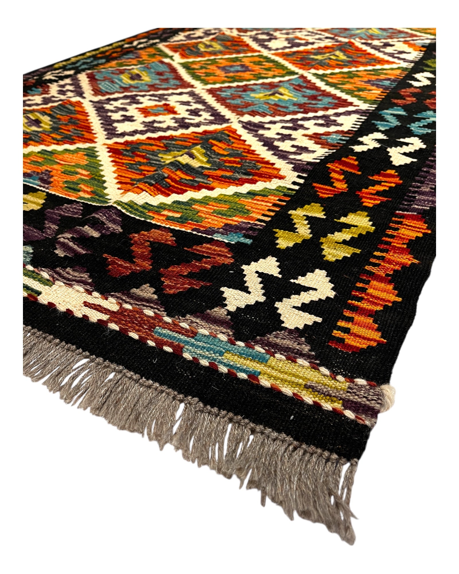 198cm x 100cm Orange & Black Maymana Kilim Runner