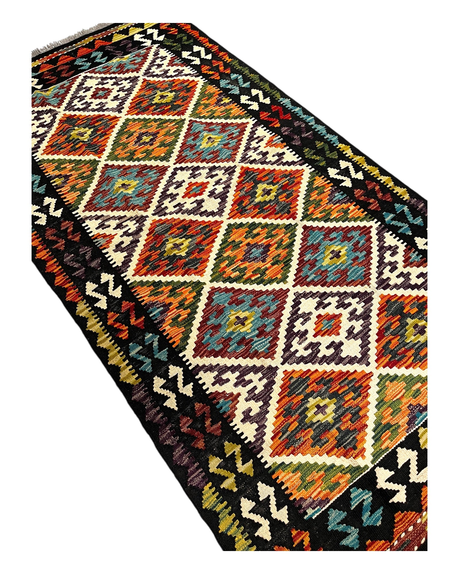 198cm x 100cm Orange & Black Maymana Kilim Runner