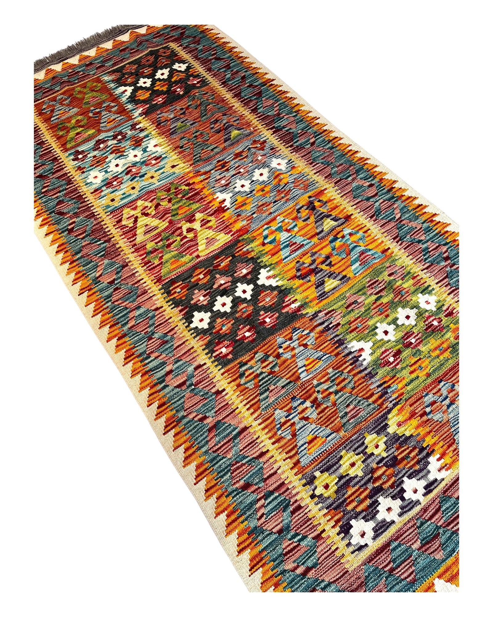 206cm x 97cm Orange & Turquoise Maymana Kilim Runner