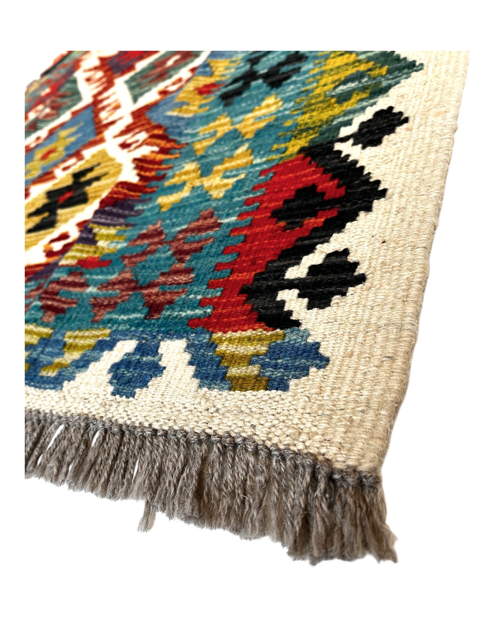 200cm x 100cm Teal, Red & Cream Maymana Kilim Runner