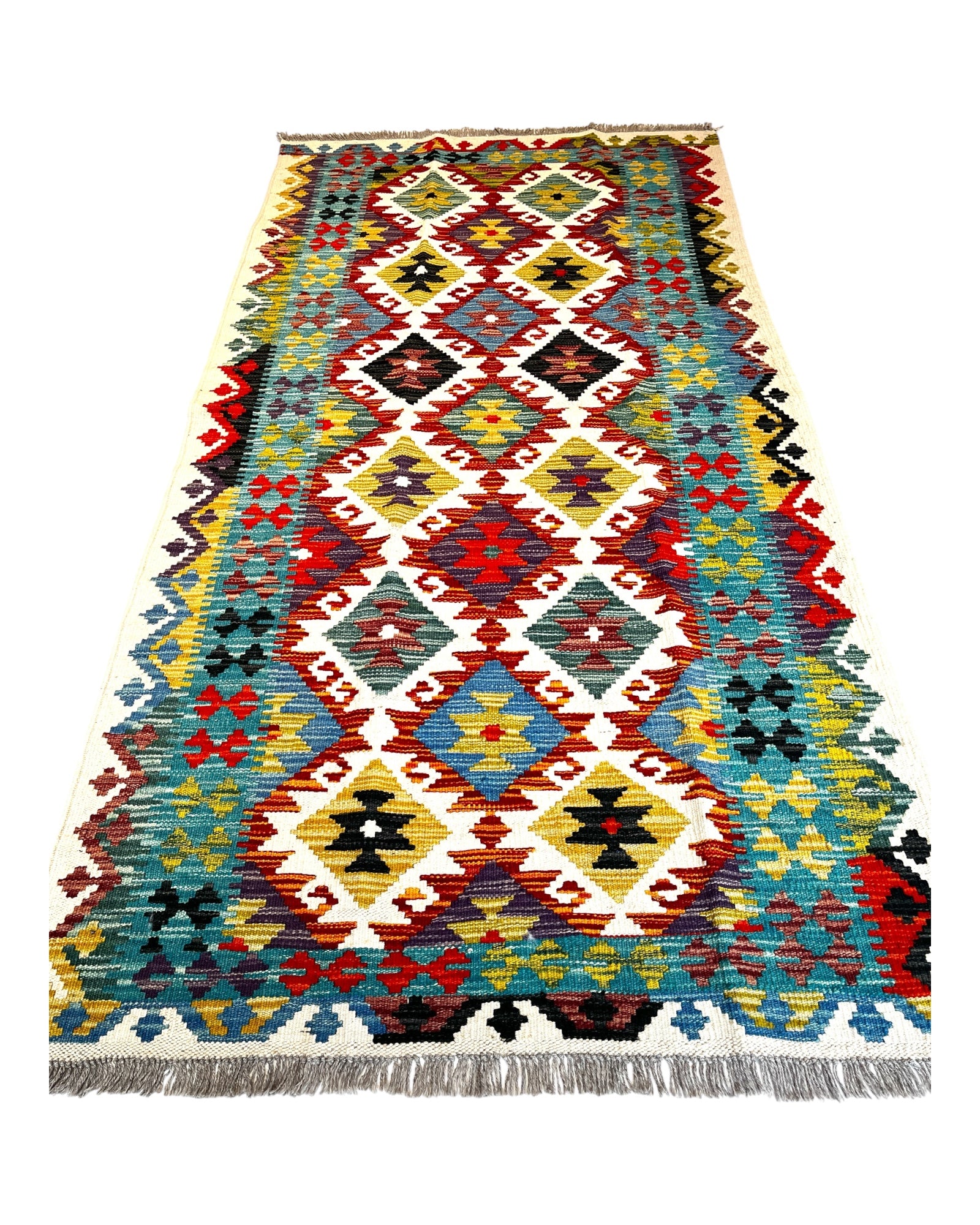200cm x 100cm Teal, Red & Cream Maymana Kilim Runner